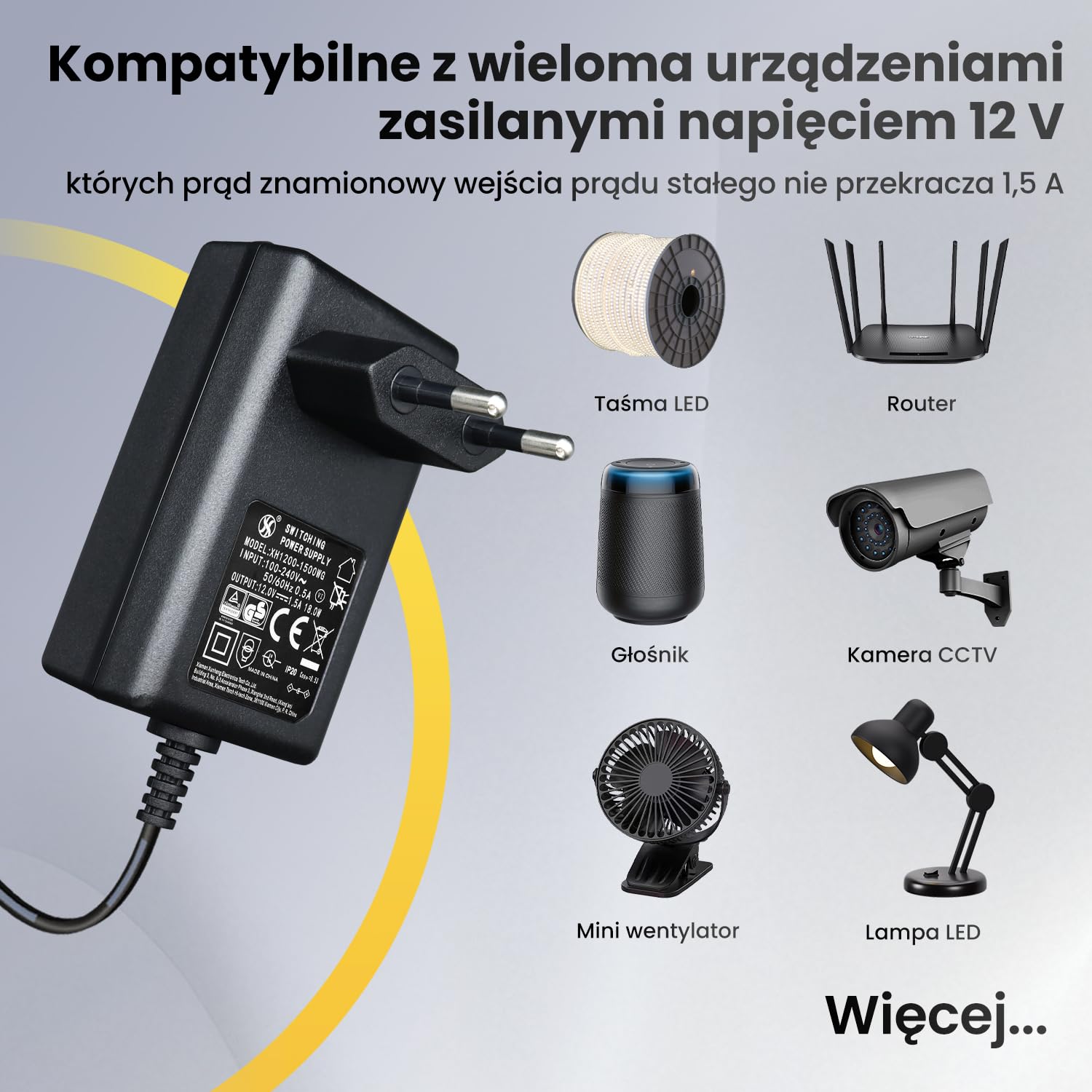 Zasilacz 12 V 1,5 A 18 W 1,8 m, adapter przełącznika AC DC (wejście 100-240 V, wyjście 12 V 1,5 A), gniazdo transformatora do montażu na ścianie DC 12 V 5,5 x 2,1 mm, znak CE