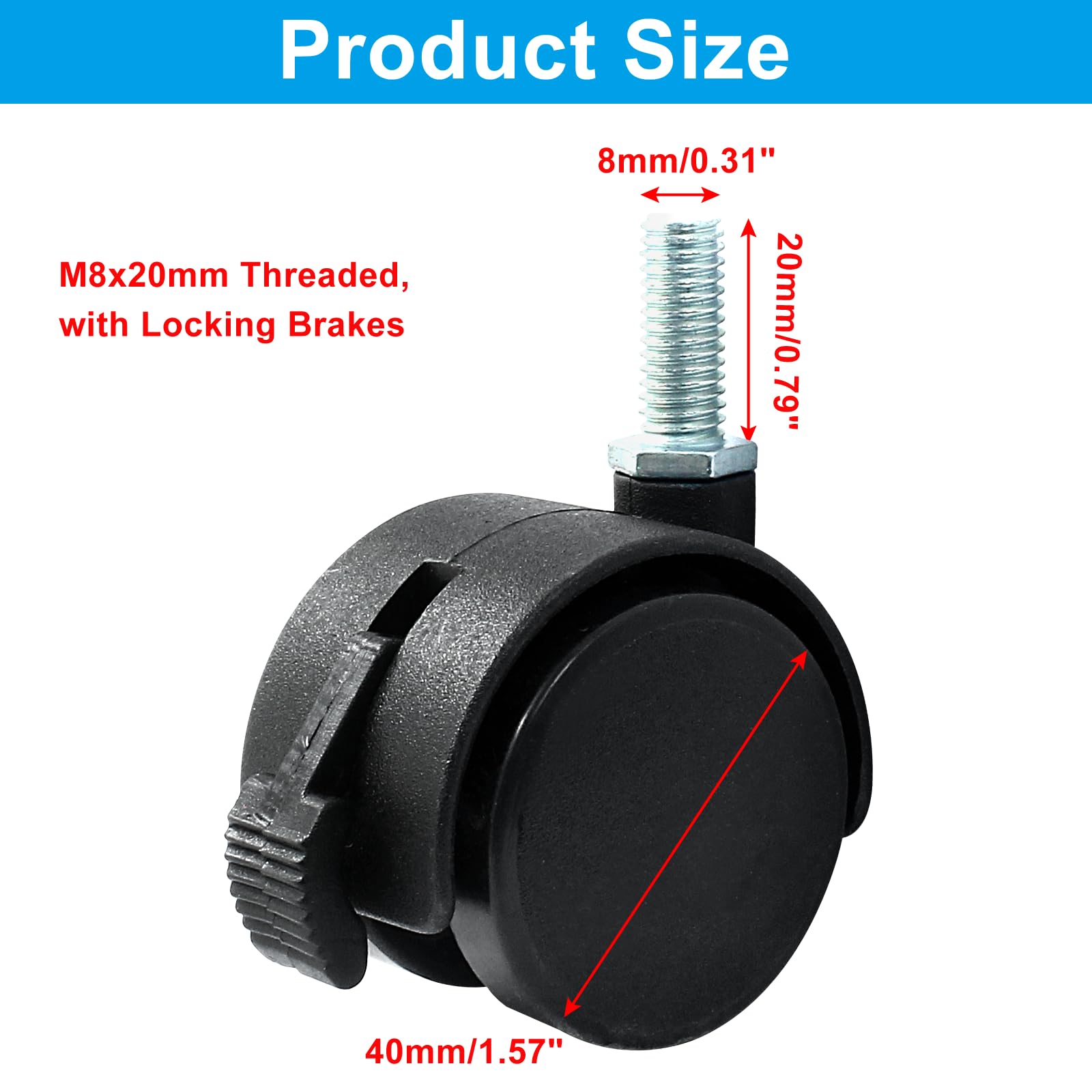 Unlorspy 4 Pcs 1.5 Inch Black Plastic Swivel Caster Wheels,M8 Threaded Stem Caster Wheels Replacement for Chair Furniture (with Locking Brakes,M8 x 20mm Threaded)