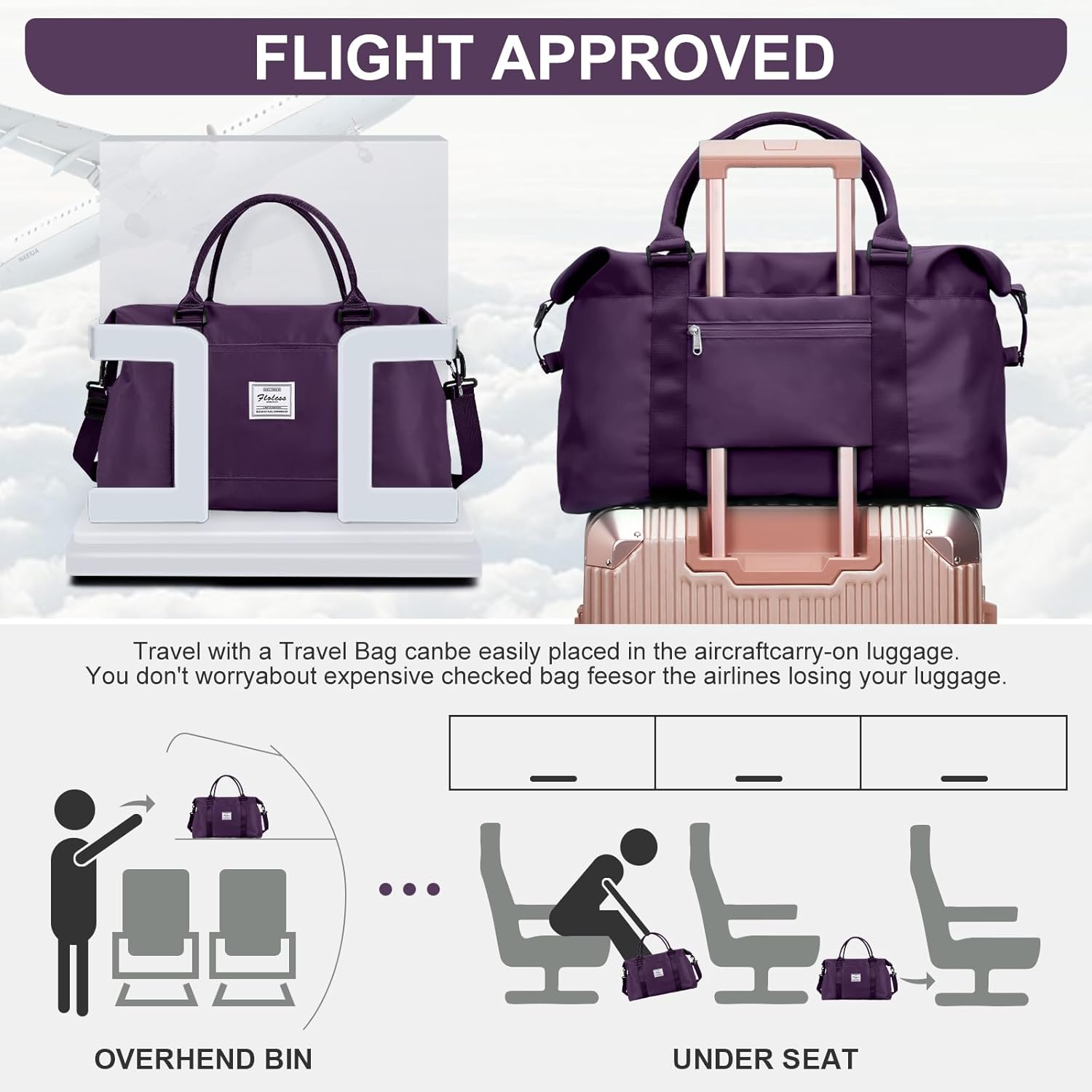 Sports Duffel Bags for Women Dark Purple Weekender Travel Totes Bag for Airplane, Cute Sports Gym Dance Bag Overnight Luggage Bag with Wet Pocket, Carry On Hospital Bag for Labor and Delivery
