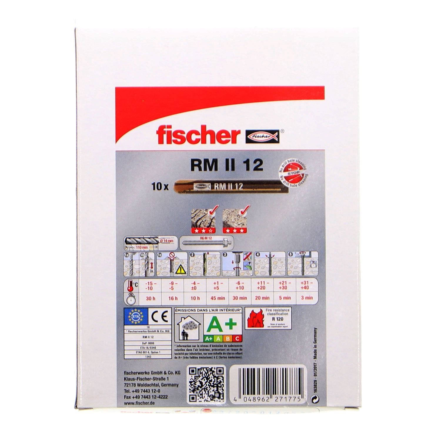 fischer - Taco Químico en Cápsula de Resina RM II 12 - Para Fijación en Hormigon o Piedra Natural - Tacos Hormigon - Con Aprobación ETA-16 - Combínala con la Varilla RG M - (10 Uds)