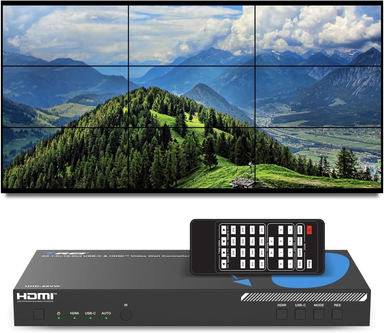 OREI 4K 3x3 Video Wall Controller – HDMI & USB-C Video Wall Processor, 1080p Output per Screen, Multi-Layout Display Modes, 180° Rotation, Bezel