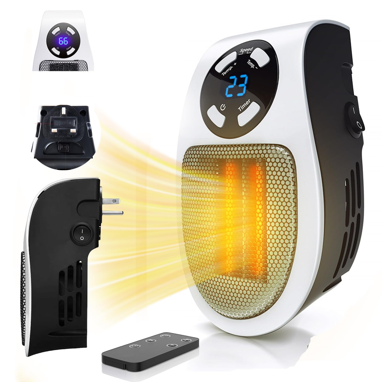 500W Electric Space heater, Wall Outlet Space Heater as Seen on TV with Adjustable Thermostat and Timer and Led Display, Compact for Office Dorm Room (350W-White)