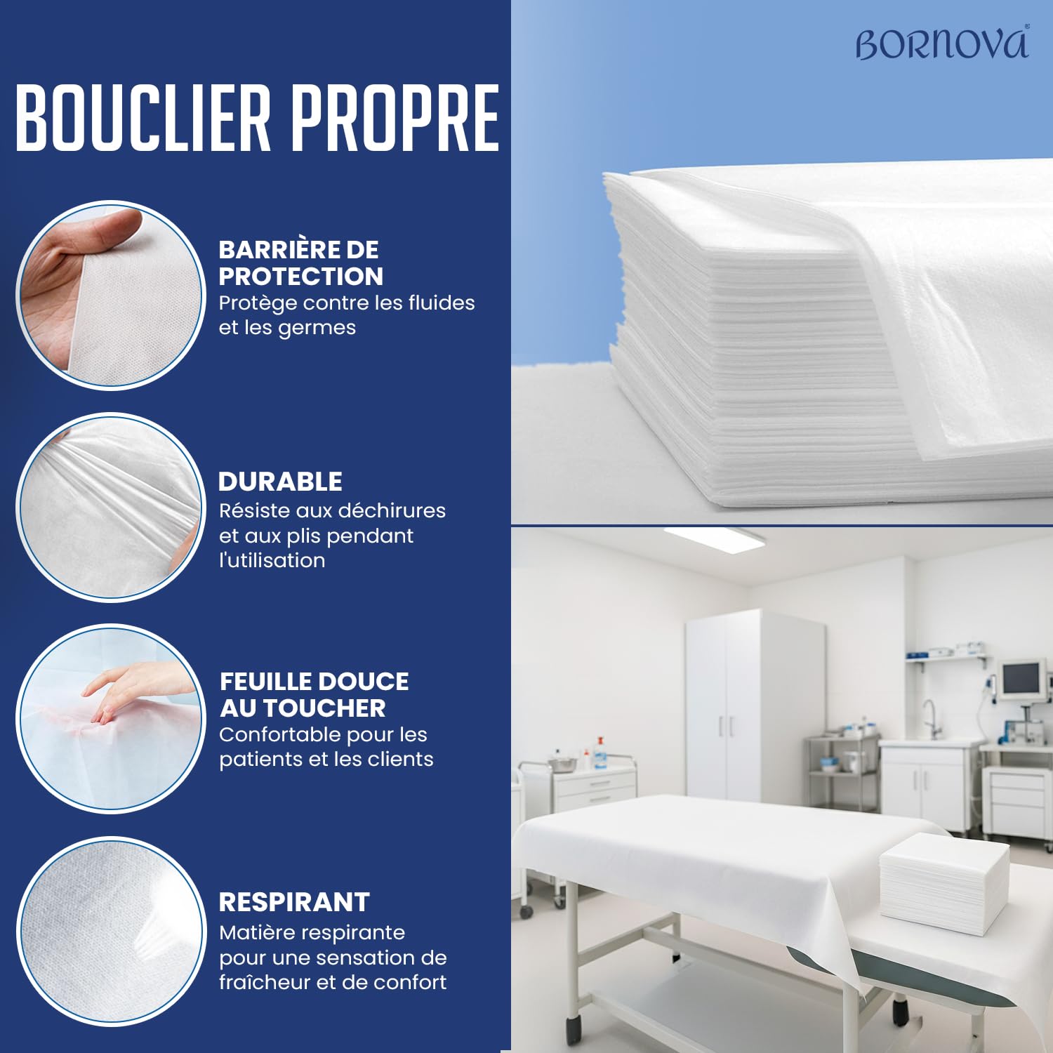 BORNOVA - Lot de 10 draps jetables 140x240 cm – Draps d'examen médicaux non-tissés – Draps médicaux d'examen usage unique – Drap table de massage, housse table massage