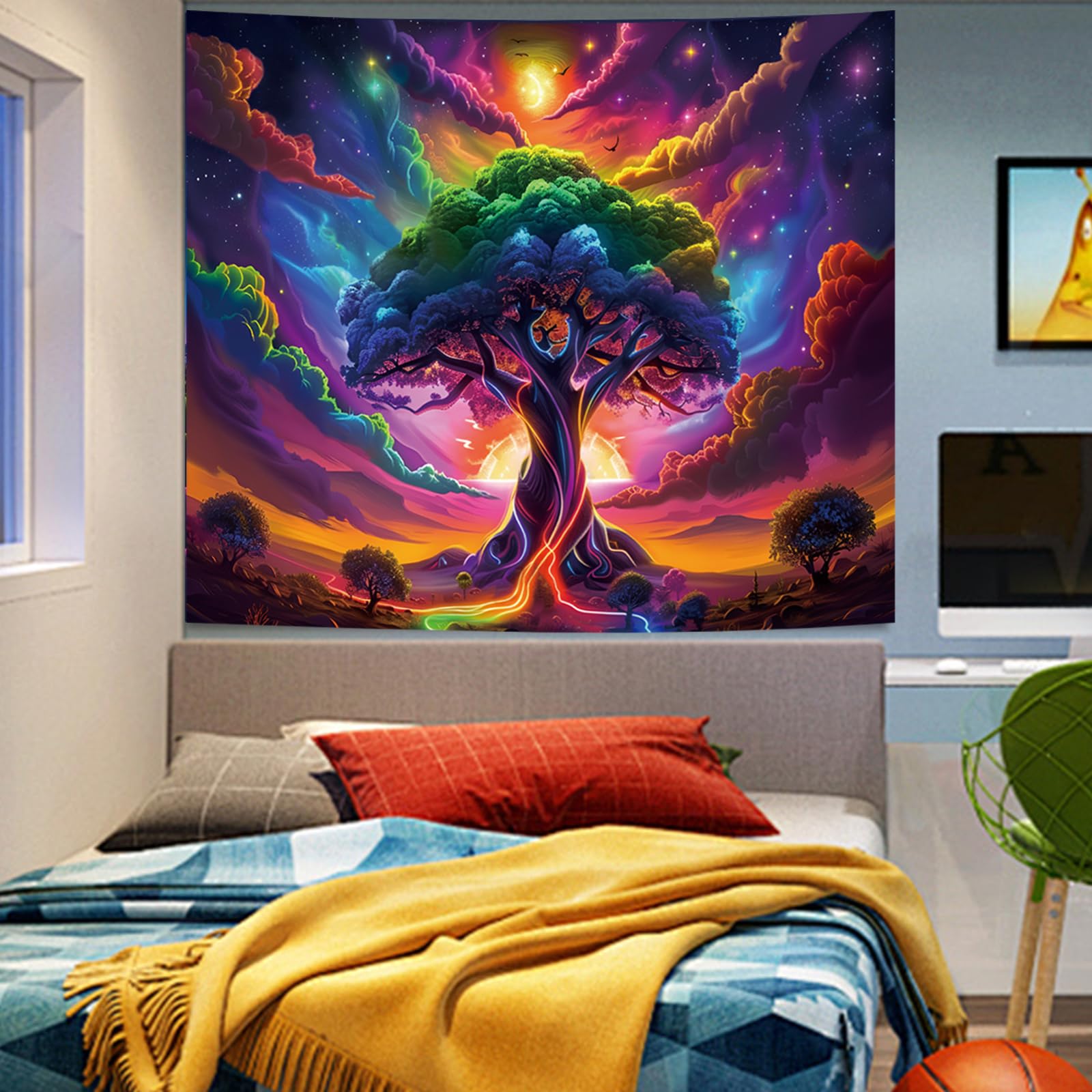 Tapiz de luz negra del árbol de la vida, reactivo UV que brilla en la oscuridad, trippy, brumoso