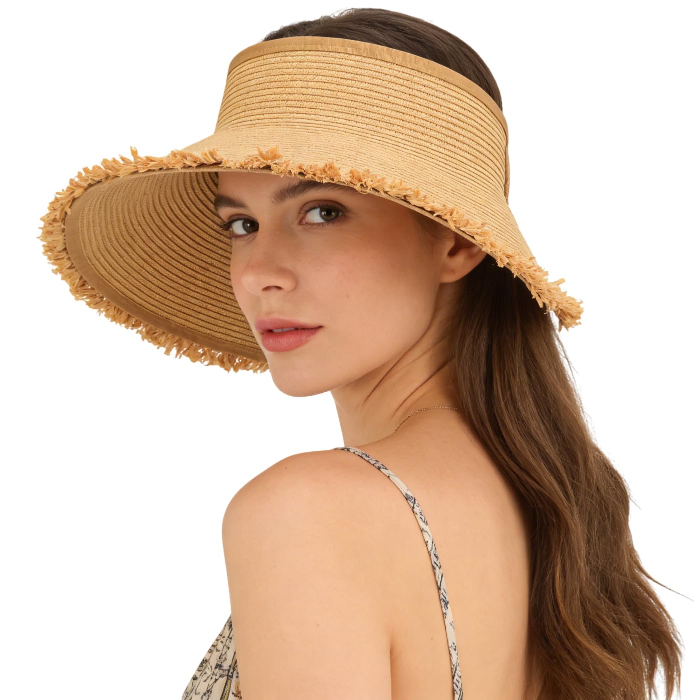 Women's Straw Sun Visor Hat, UPF 50+ Wide Brim Adjustable Ponytail Beach Hat Packable Lightweight UV Protection for Outdoor
