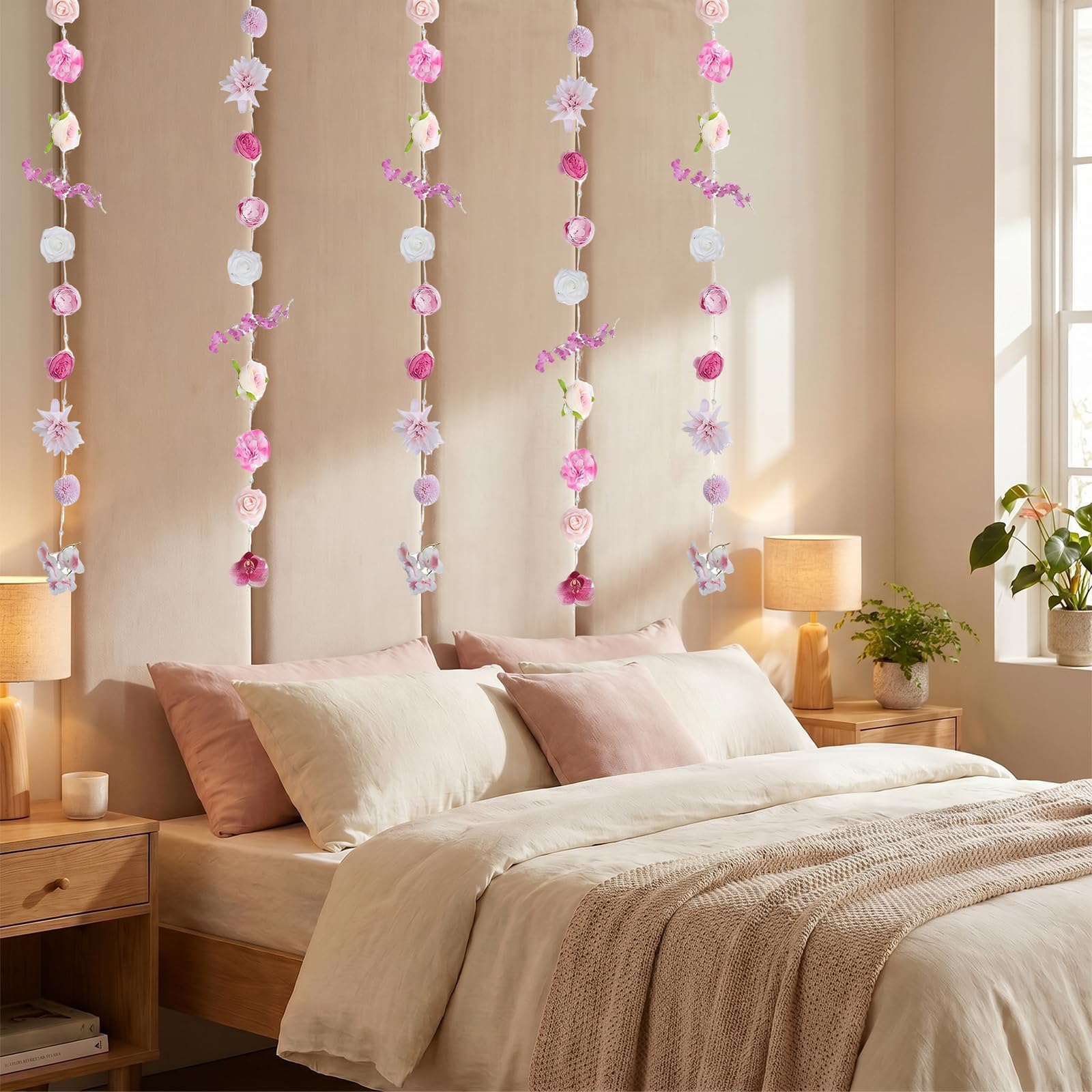 4Pcs Artificial Flowers Hanging, 6.6ft Faux Silk Cloth Beaded Vine Garland, Fake Floral Garland for Bedroom Wall Decor, Wedding Party Home Spring Summer Decorations (Pink)