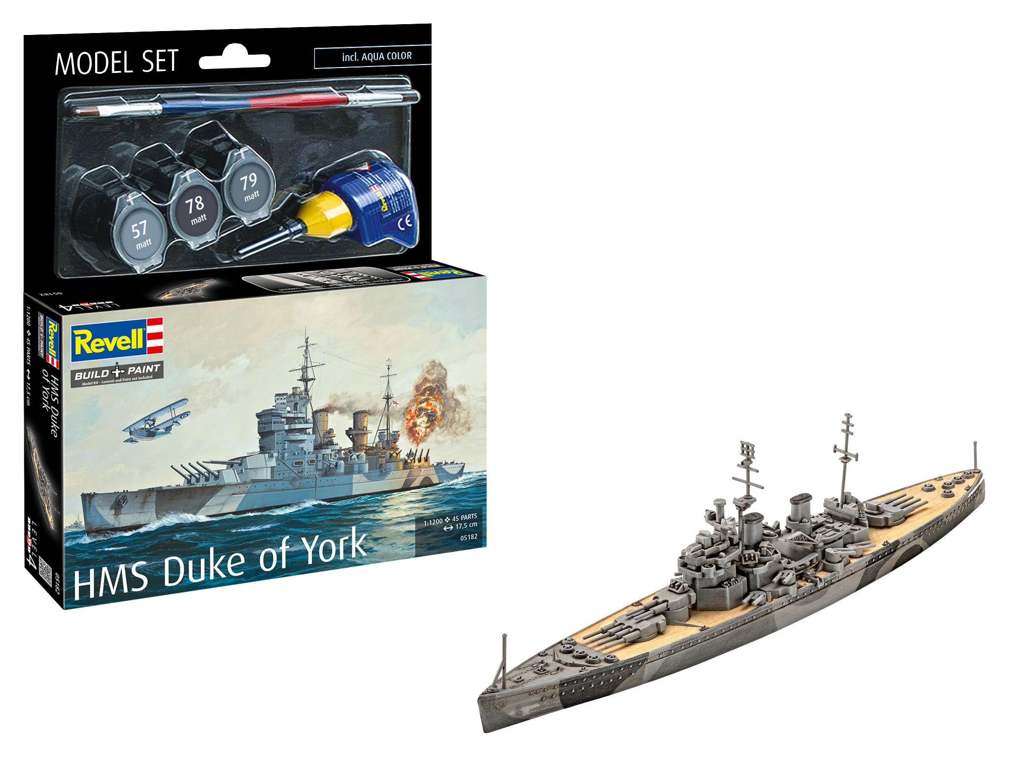 Revell Model Set 65182 Battleship HMS Duke of York 1:1200 Scale Unbuilt/Unpainted Plastic Model Kit with Contacta Professional Glue, Paintbrush & Selected Aqua Color Paints