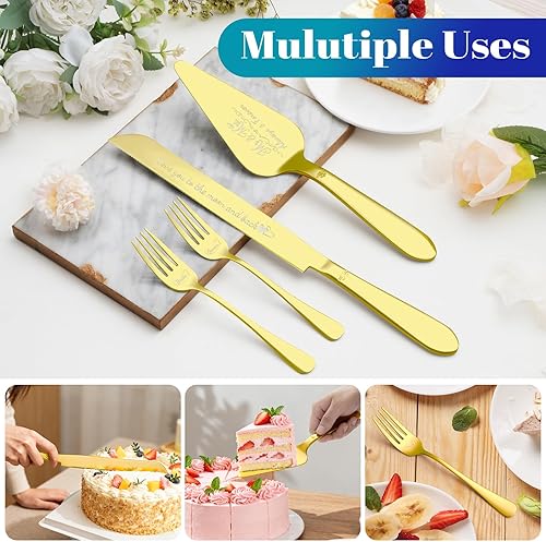 Vista 19 de Juego de cuchillo y servidor para pastel de boda, cortador integral de pastel más largo de acero inoxidable y espátula de pastel más ancha, elegante