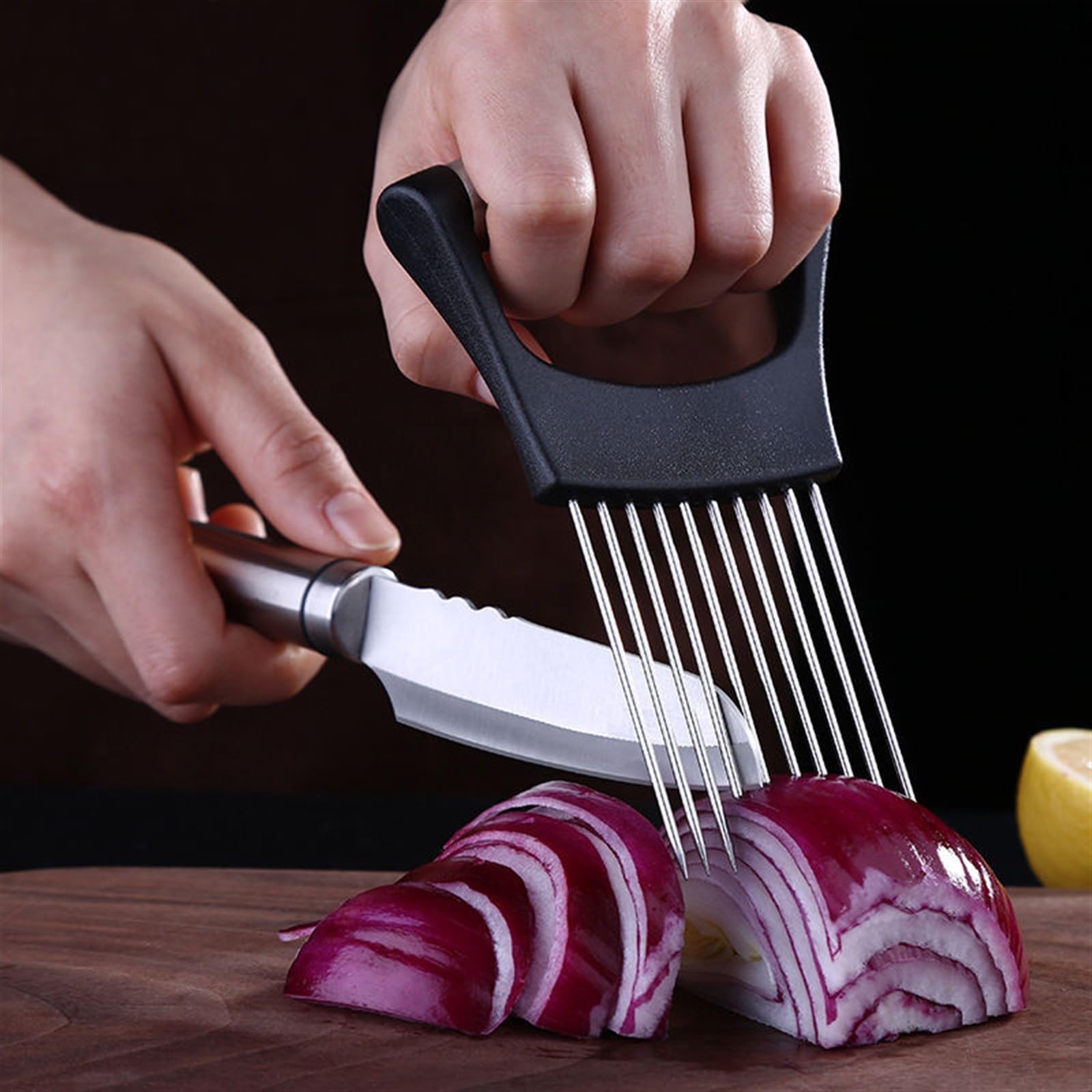 Roestvrij staal ui naald snijmachine losse vlees vork tomaat aardappel groente fruit veilige hulphouder keuken koken gadgets (kleur: stijl 1 Roestvrij staal ui naald snijmachine losse vlees vork tomaat aardappel groente fruit veilige hulphouder keuken koken gadgets (kleur: stijl 1