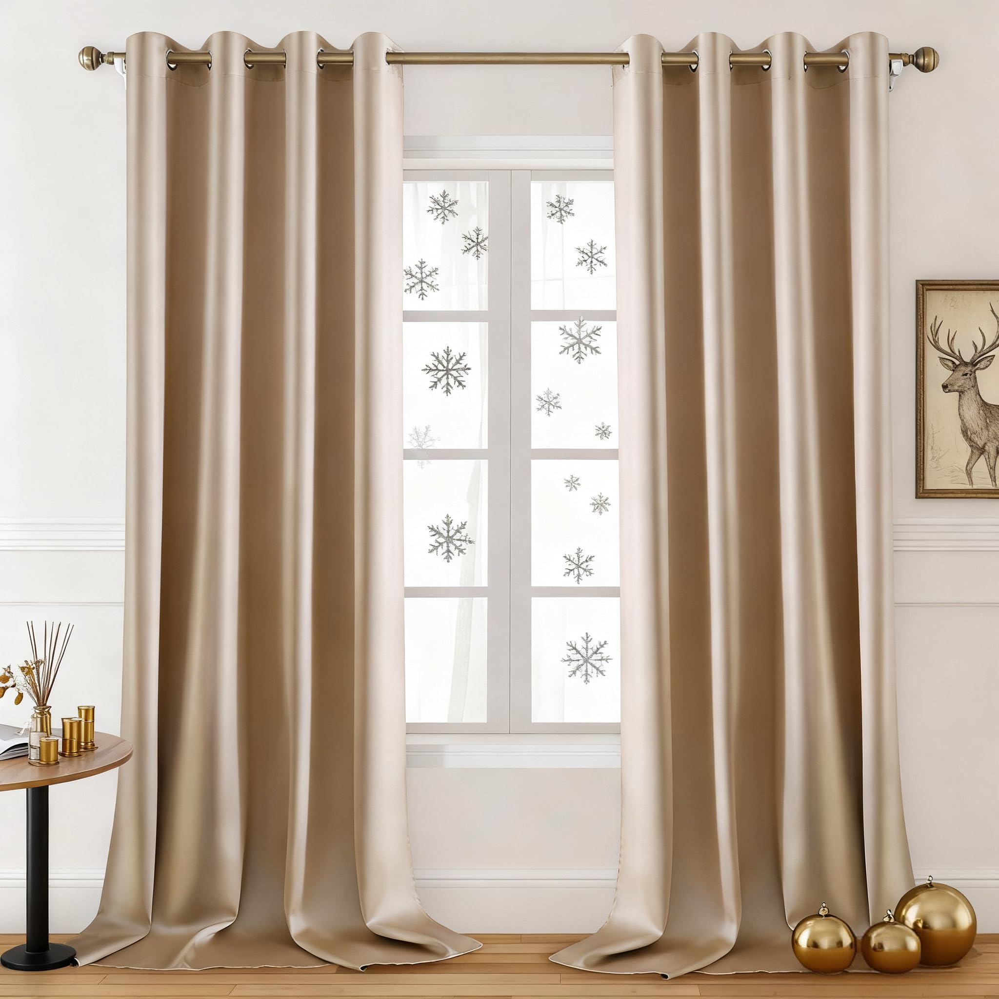 HOMEIDEAS Lot de 2 rideaux occultants beiges en soie synthétique - 132 x 213 cm - Rideaux de fenêtre occultants en satin à isolation thermique pour chambre à coucher et intérieur - Champagne doré