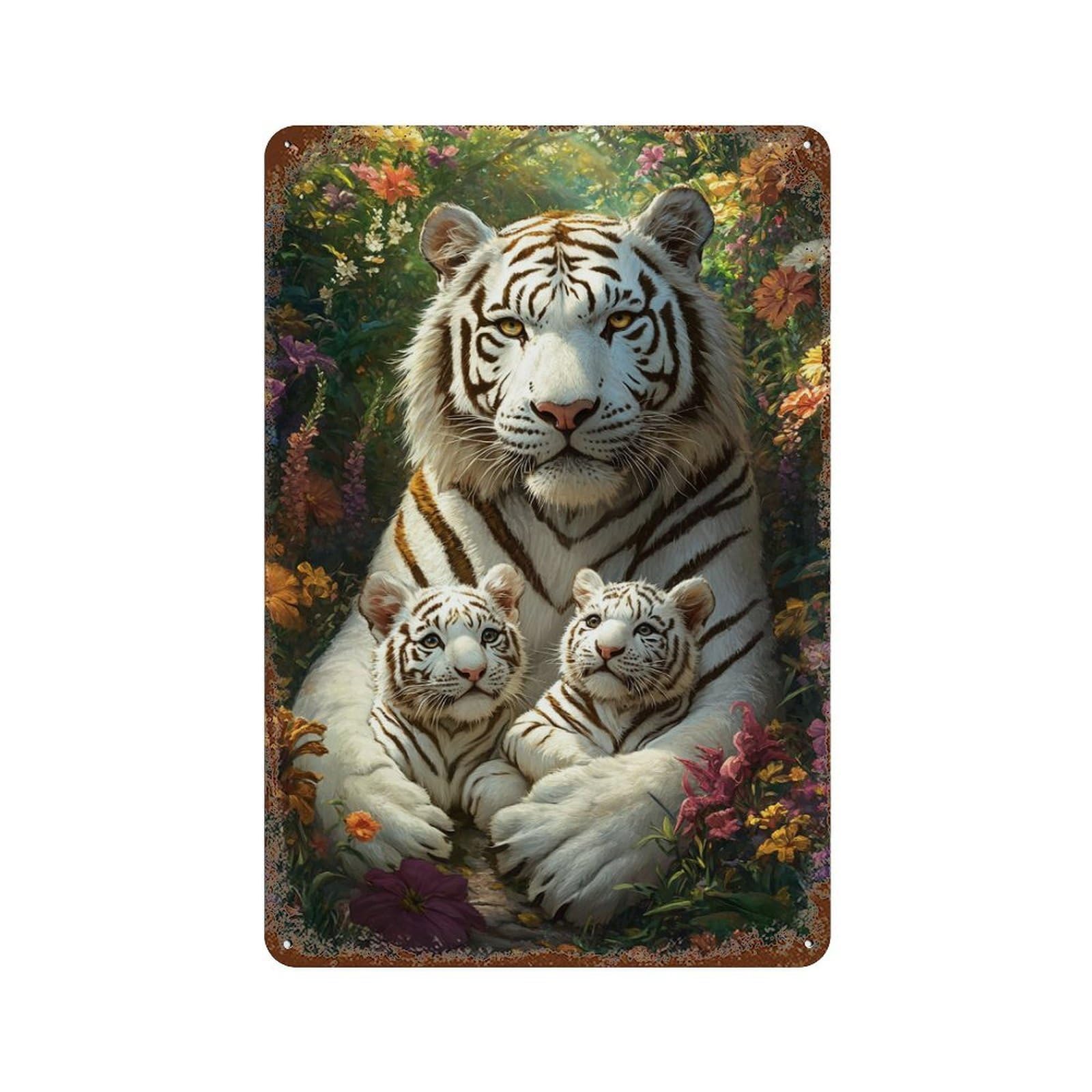 Rust Effect White Tiger Family in Flowers Rusty Metal Tin Sign 11.8"x7.9", Farmhouse Wall Decor for Shed, Workshop And Garage Wall Decor