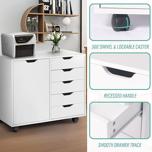 Miniatura 6 de Rotihom Archivador de 5 cajones, archivador lateral móvil de madera para oficina en casa, dormitorio, soporte de impresora de 31 pulgadas con