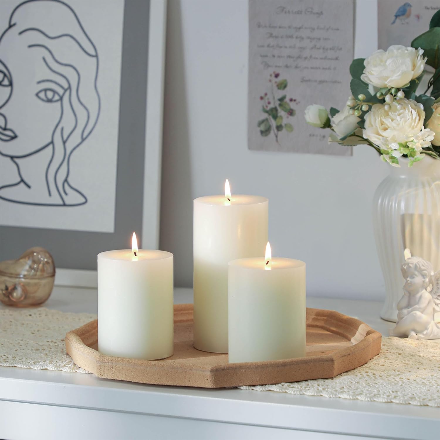 3x4 Inch White Pillar Candles Set of 3 - Decorative Unscented Pillar Candle, Long Burning Dripless Candles for Table Decor, Smokeless Large Pillar Candle for Wedding, Dinner, Rustic Home Decor - Image 5