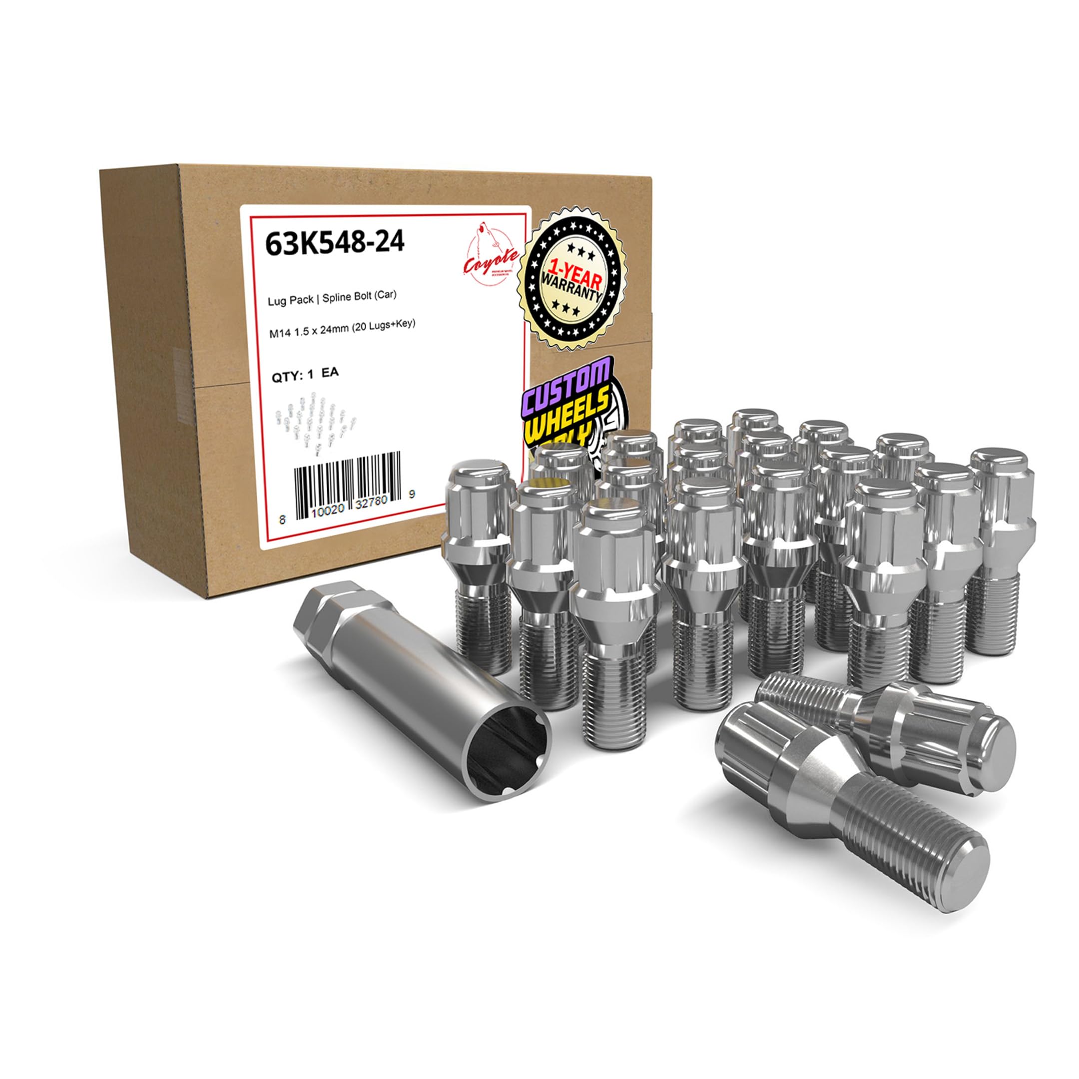 Wheel Accessories Parts 20 Pcs M14 x 1.50 14 x 1.5 Thread Acorn Seat Spline Lug Bolt Chrome Finish 24mm Shank Length Car Spline fits Ferrari 456 GT 456 GTA 456 M 456 M GT 456 M GTA