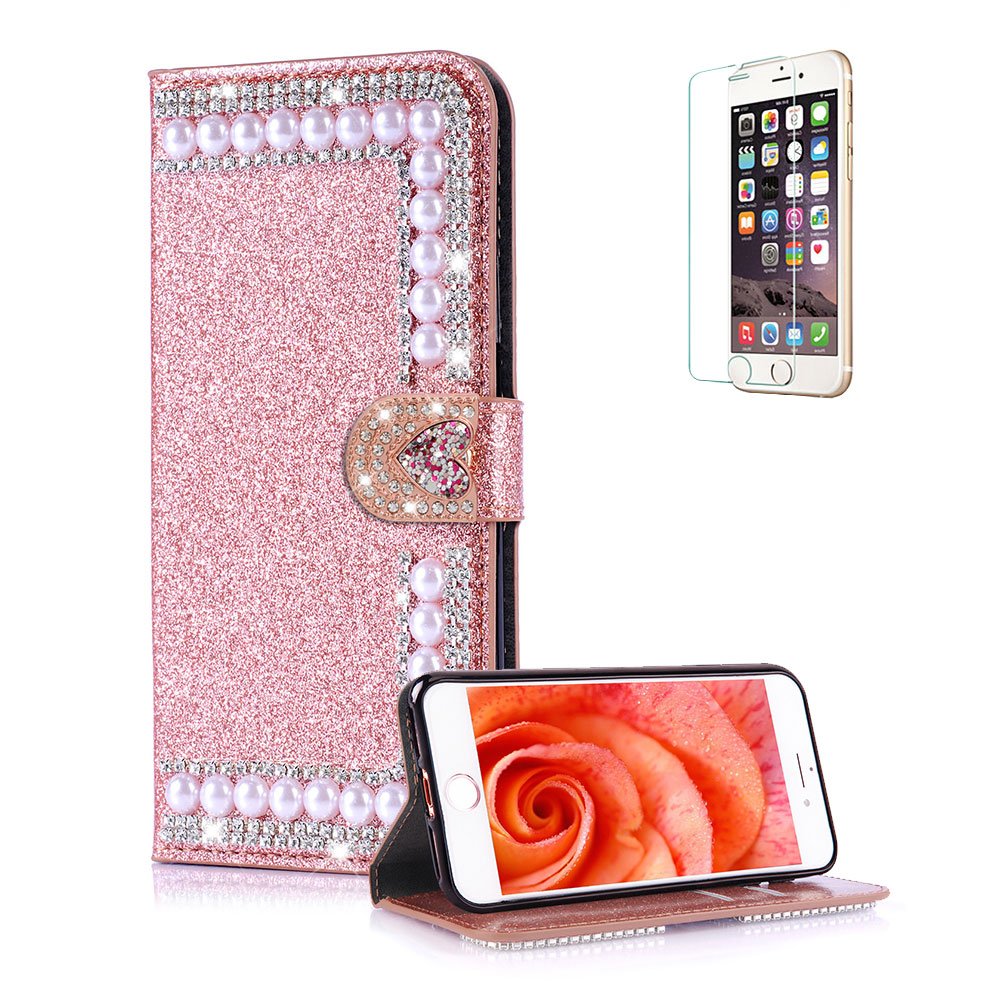Funyye 3D Bling Rhinestone Leather Case for iPhone 6 Plus,Luxury Rose Gold Love Heart Glitter Diamond Design Magnetic Flip Wallet Case with Stand Card Holder Slots Case for iPhone 6 Plus/6S Plus