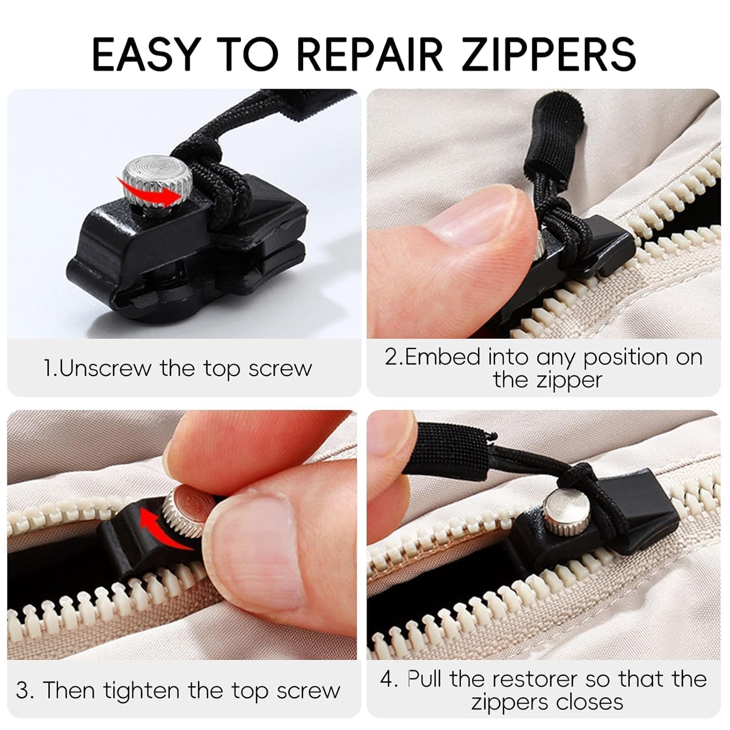 HEVIR Instant Zipper Repair Kit, 6Pcs Universal Zipper Slider Replacement with Nylon & Metal Pull Tabs, Adjustable Zipper Fixer for Bags, Coats, Shoes, Jackets, Backpacks, Tents, Skirts, Jeans (BLACK)