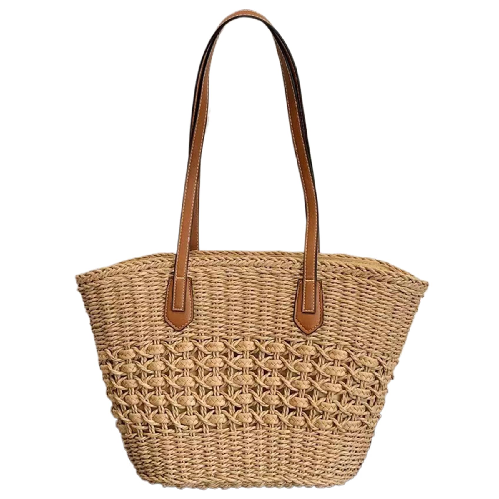 Faroby Straw Bag Large Capacity Beach Tote with Zipper Woven Summer Travel Vacation Khaki