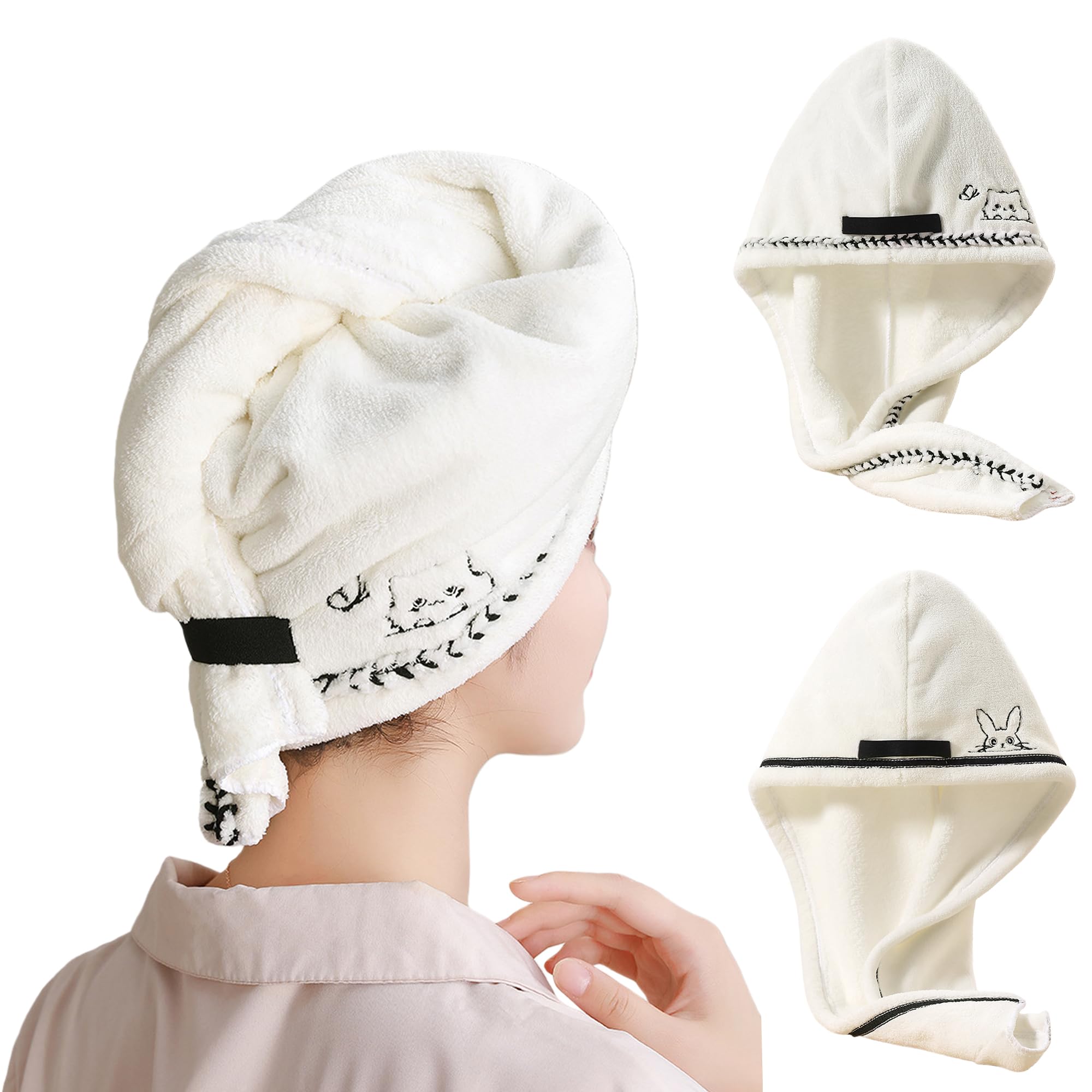UINSUE 2PCS Soft Microfiber Hair Towel Wrap with Adorable Cat Rabbit Embroidery Quick-Dry Bath Spa Shower Turban for Everyday Use (White-Set2)