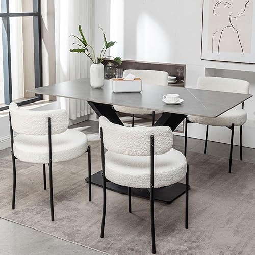 White Boucle - Juego de 4 sillas de comedor tapizadas con patas de metal negro, silla de comedor redonda moderna para comedor, cocina
