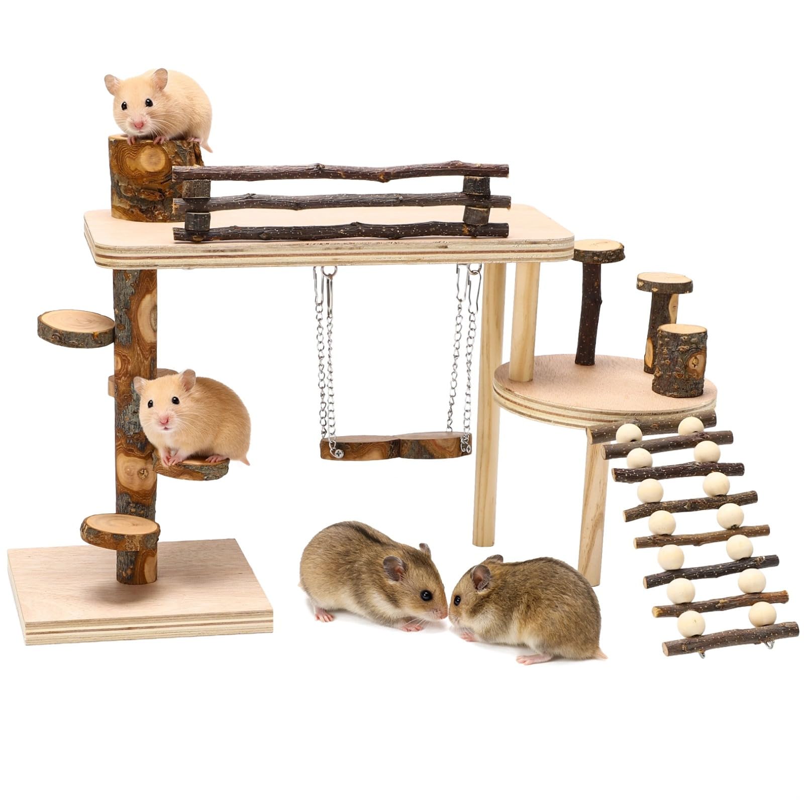 Parco giochi per criceti in legno, 45 x 30 x 27,2 cm, con piattaforma interattiva, scale, altalena, ciotola per cibo, giocattoli da masticare per piccoli animali domestici