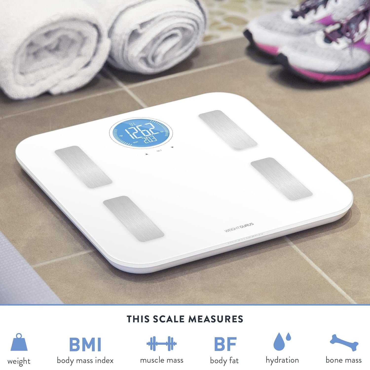 Weight Gurus WiFi Smart Connected - Báscula de grasa corporal con pantalla LCD grande retroiluminada (blanco + inoxidable) (blanquecino