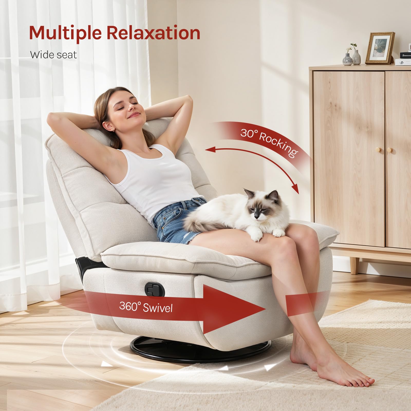 WOLTU Poltrona Relax Reclinabile Manuale, Girevole e Dondolante, Poltrona con Poggiapiedi Pieghevole e Scomparto Laterale, Tessuto Effetto Lino, per Soggiorno, Beige