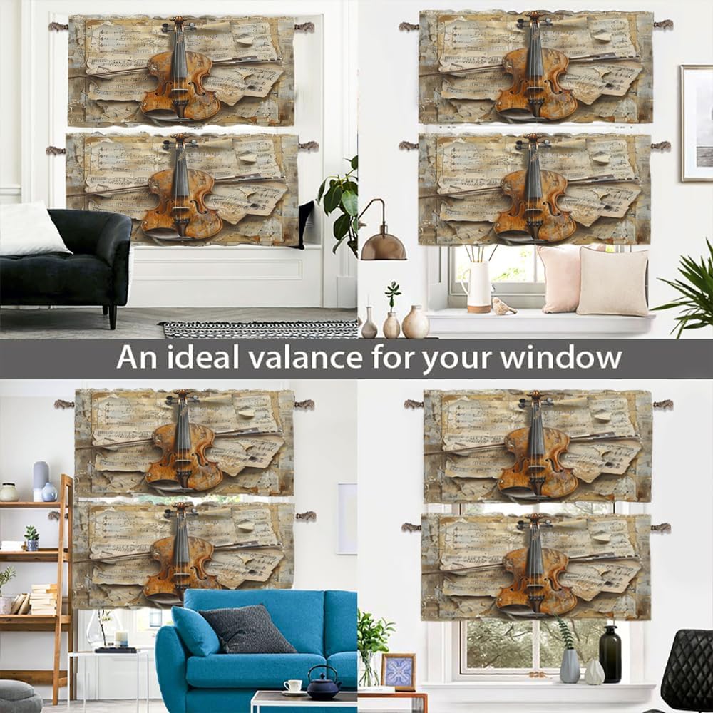 2 Panels Vintage Rustic Violin Valance for Windows, Classic Music Sheet Theme Rod Pocket Valance Curtains Home Decor Window Treatment for Kitchen/Living Room