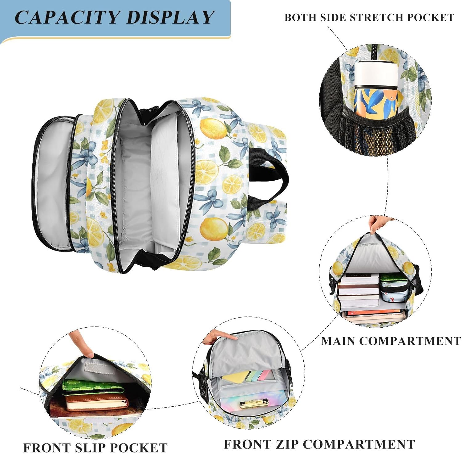 Aslsiy Kids Backpack Cute Bows Lemon (6) Backpack for Boys Girls Book Bag 17 Inch Daycare Laptop Bag Student Back to School Supplies