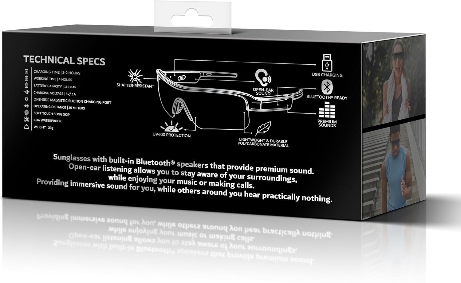 PUGS Sun & Sound Smart Sunglasses Combine On Trend Classic Sunglasses with UV400 Protective Lenses and Built-In Bluetooth Premium Open Ear Speakers for Hands Free Communication - (SM-MED) SPORT/BLACK