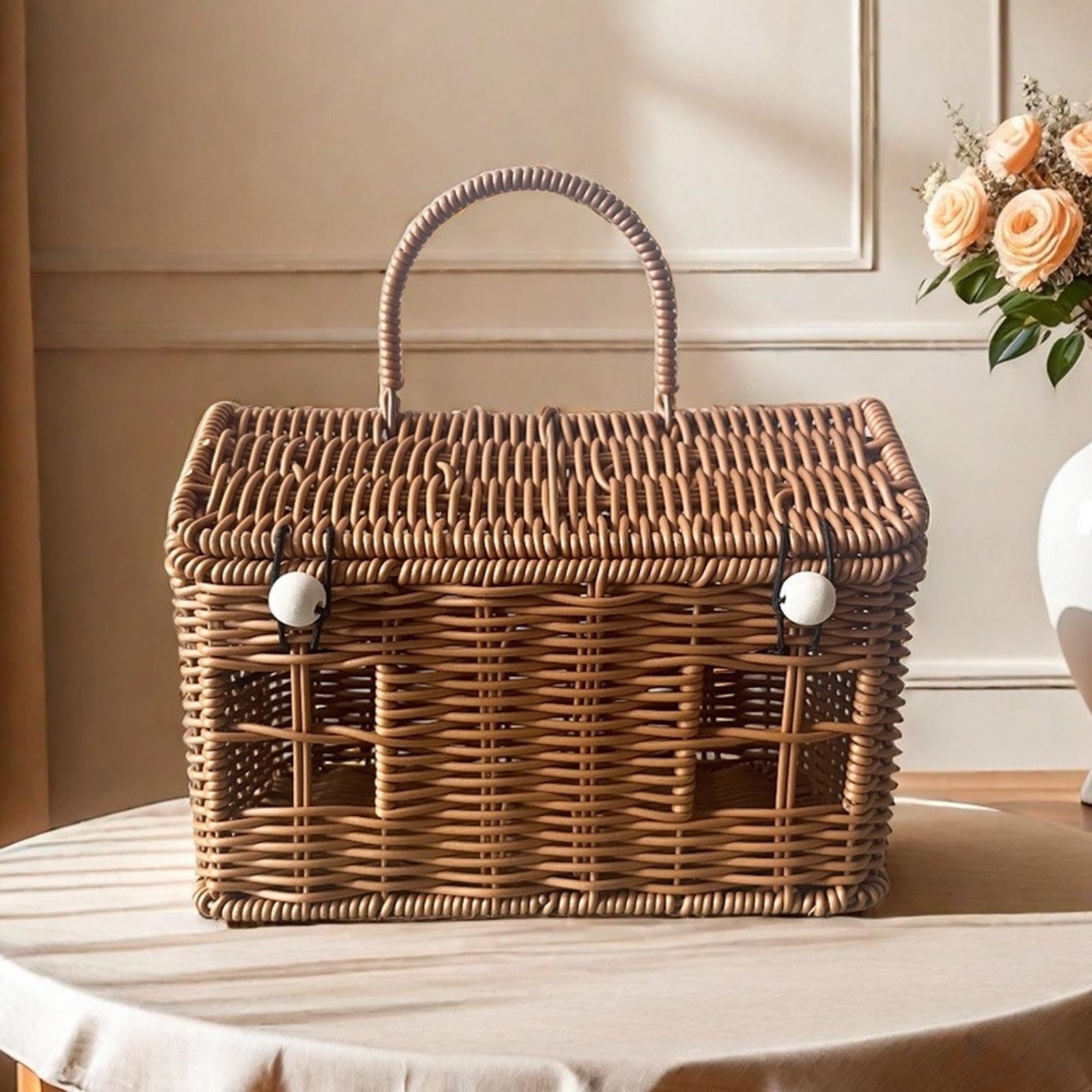 Panier De Pique-Nique En Osier Rotin Avec Couvercle Et Poignée - Boîte De Rangement Tissée à La Main