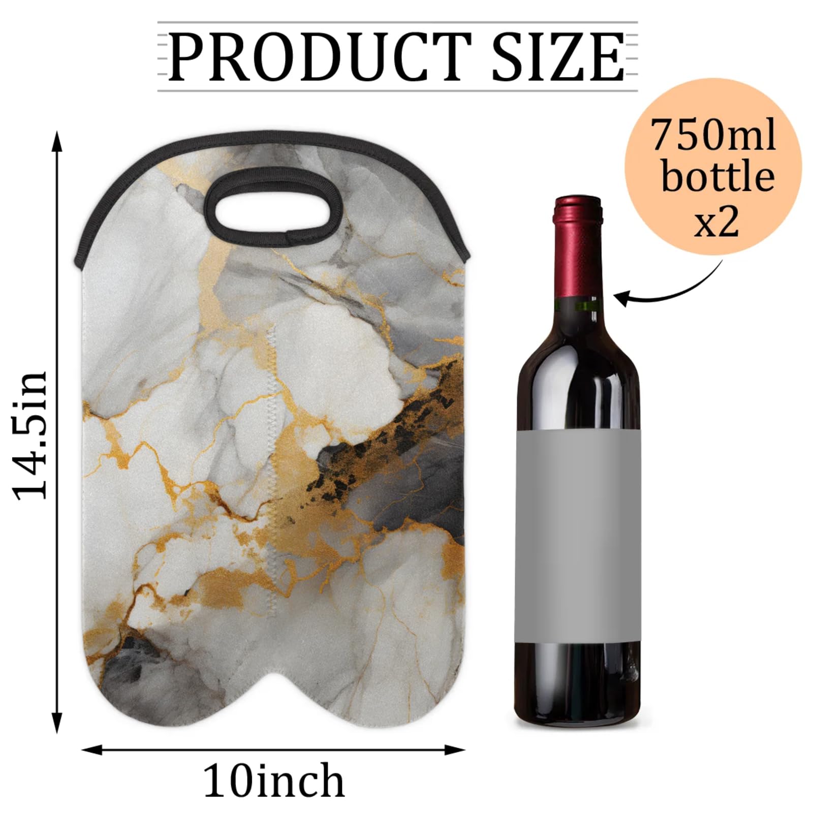 GzLeyigou 2 Bottles White Luxury Wine Bag Sleeve Totes Marble Pattern Neoprene Protective Wine Carrier Bag for Wine,Water, Champagne, Beer, Baby Bottles,Gift 14.5 x 10 Inches