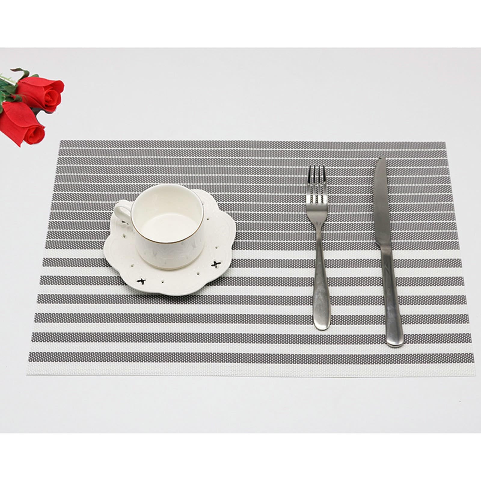 KnSam Juego de 6 manteles individuales navideños naturales, de PVC, lavables, naturales, bicolor con patrón de rayas, antideslizantes, lavables, gris, para mesa de bar, 45 x 30 cm