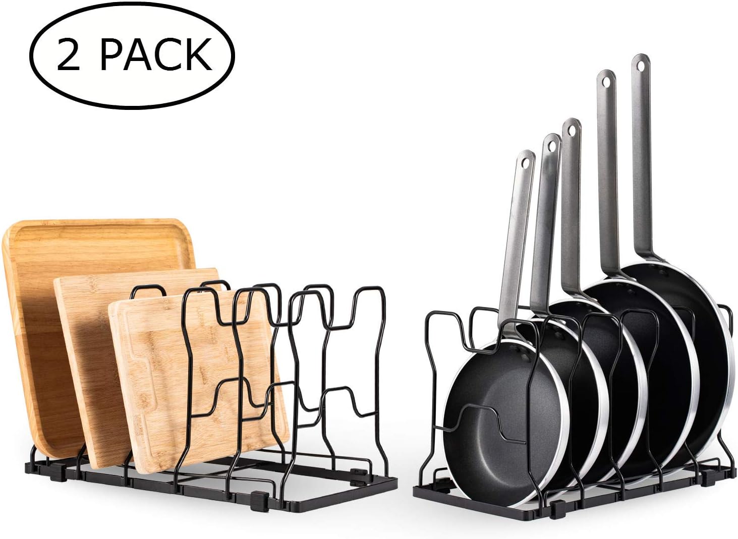 2 Pack Kitchen Cabinet Pantry Pan and Pot Lid Organizer Rack, Adjustable Bakeware Cutting Board Rack with Rubber Feet and Recess Design, Black