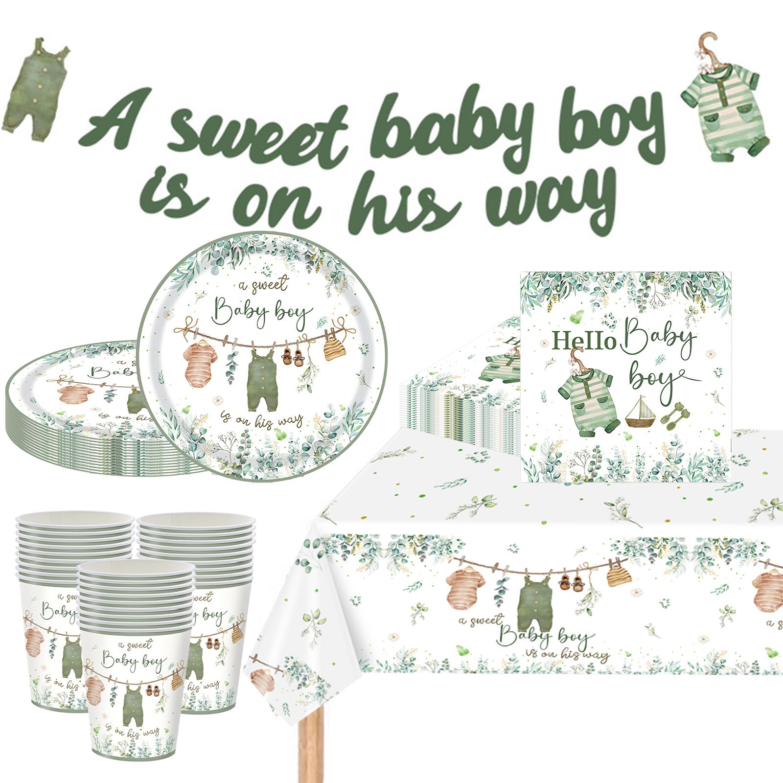 HOMAVEL Baby Boy Shower Tableware Set with Plates, Cups, Napkins, Cloth and Banner