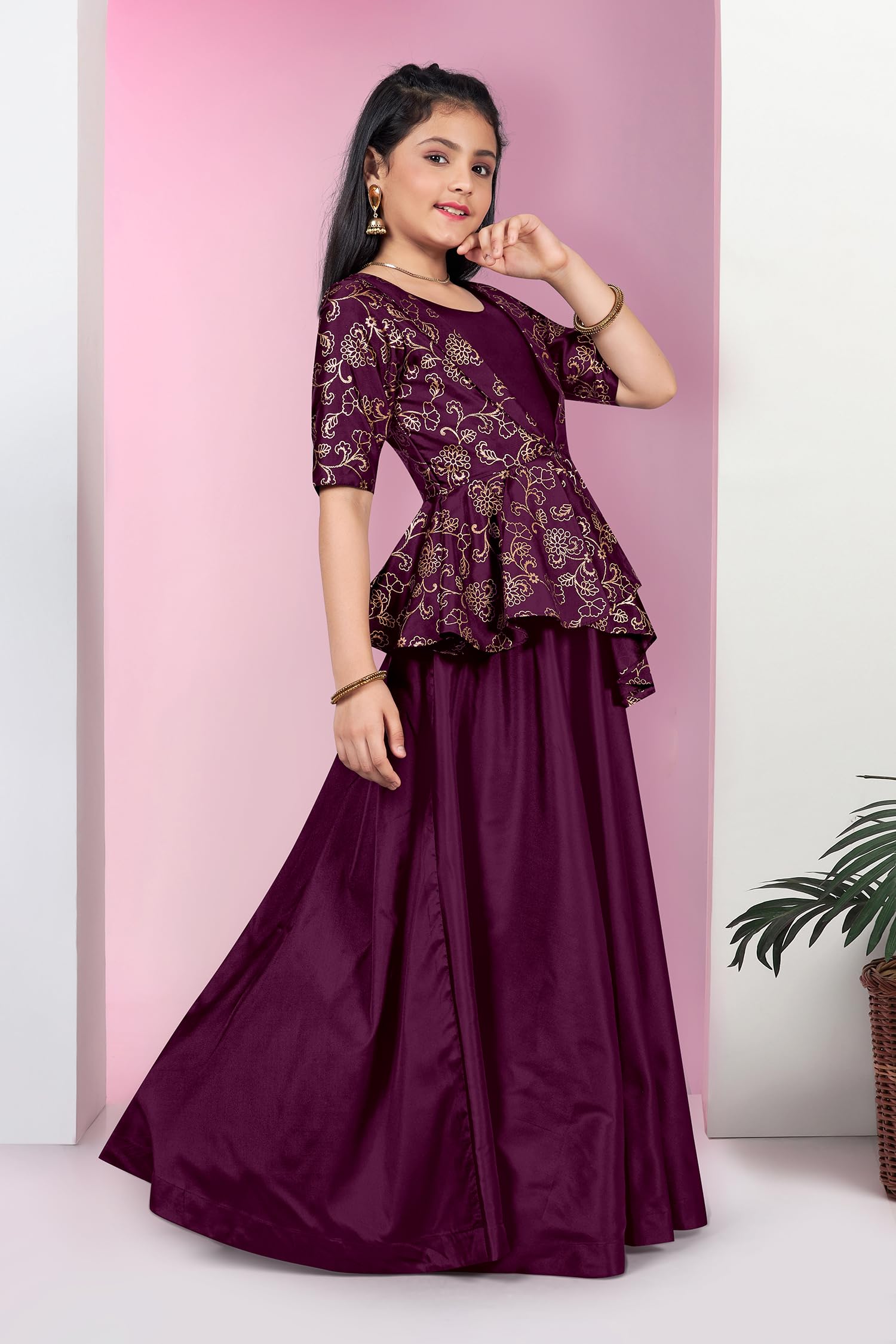 Fashion Dream Girls Cotton Blend Solid Maxi Dress with Attached Foil Printed Asymmetric Shrug|Kids Dress with Shrug(FDGDRS00215 PRP 32_Purple_9-10Yrs) - Image 3 thumbnail