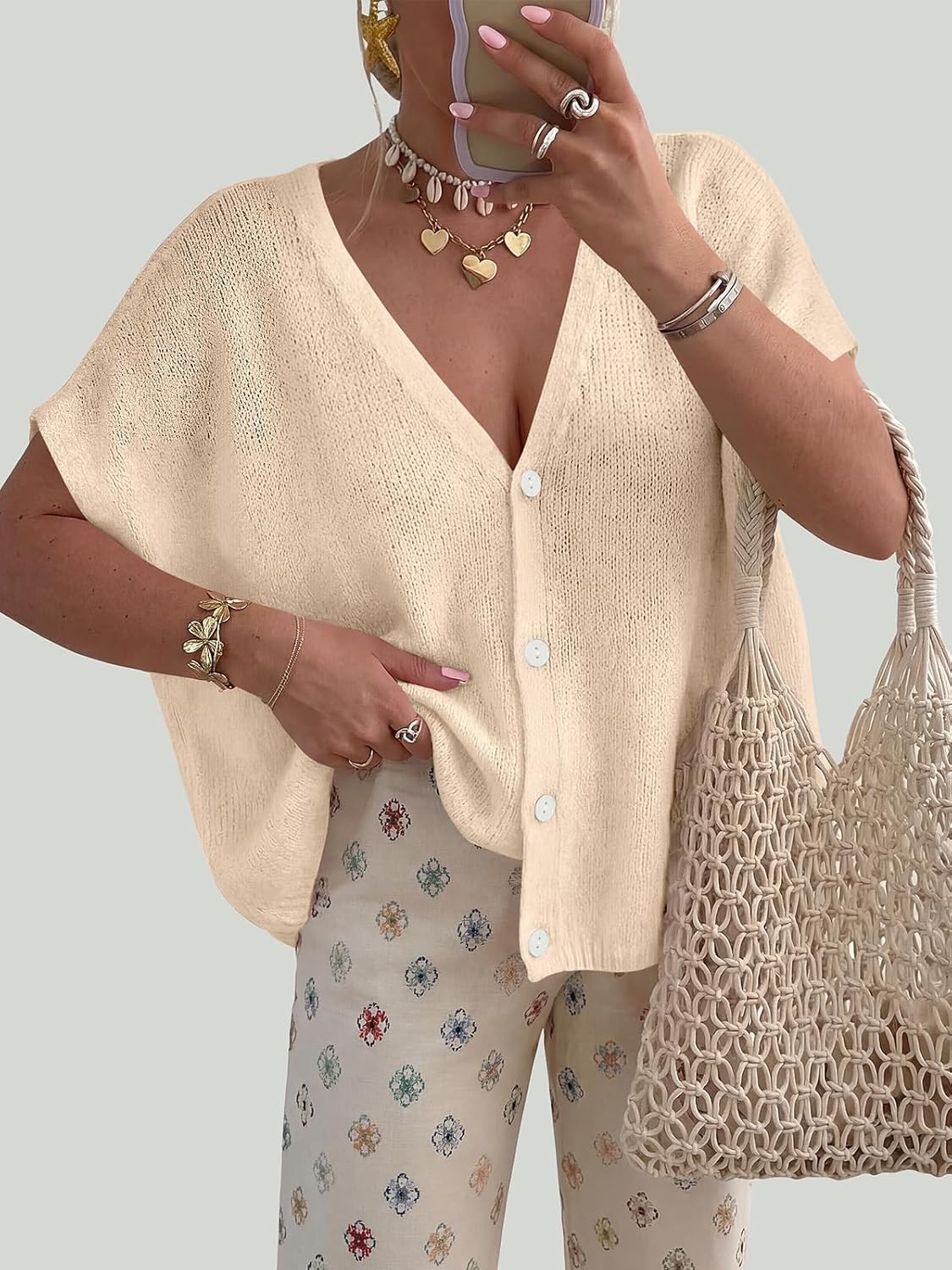 PRETTYGARDEN Womens 2026 Spring Oversized Cardigans Batwing Short Sleeve Lightweight Button V Neck Casual Knit Sweater Tops - Image 2