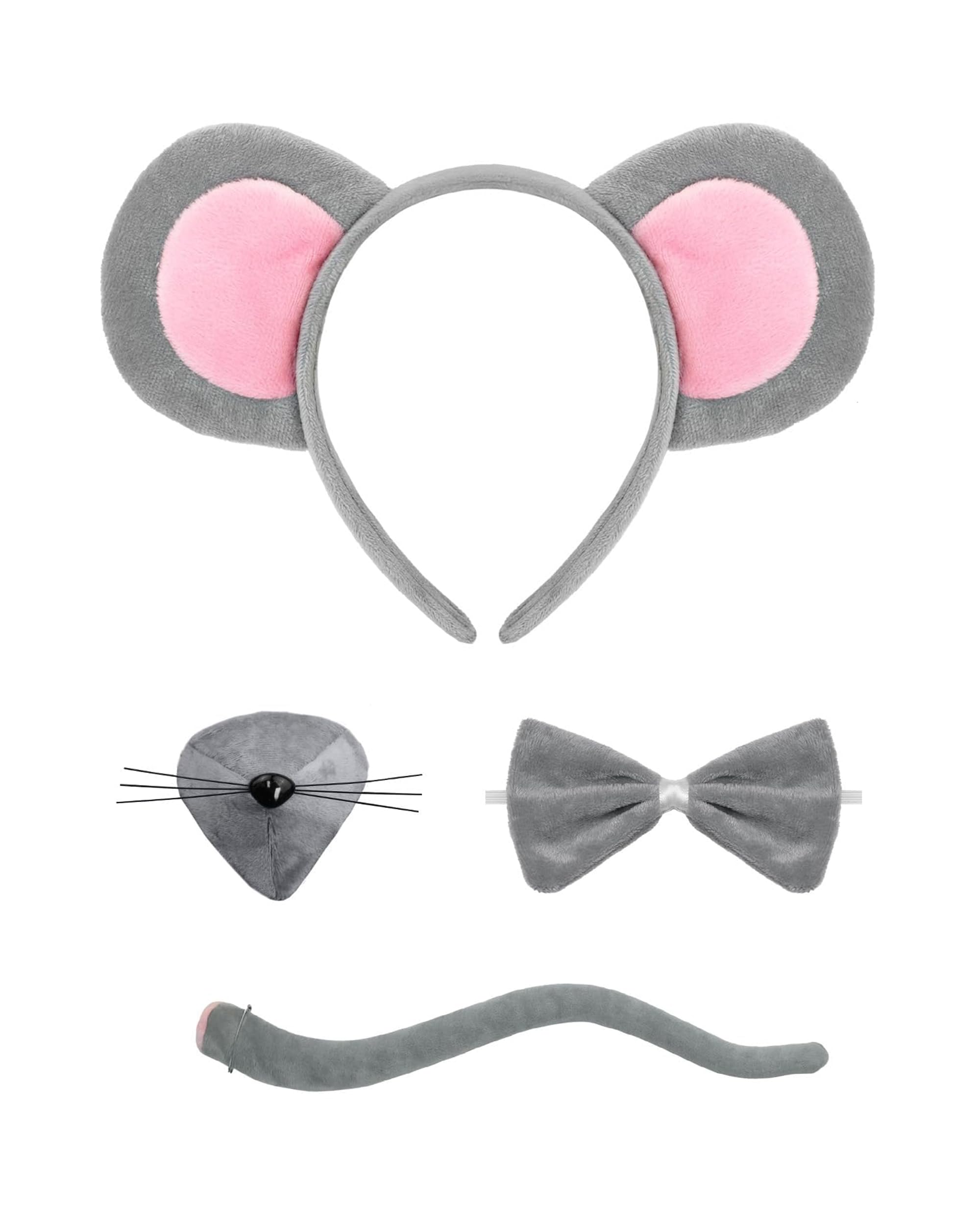 HeHeGe Mouse Costume Set, Grey Mouse Ears Tail Nose and Bow Tie Cartoon Animal World Book Day Cosplay Accessory Halloween Dress Up