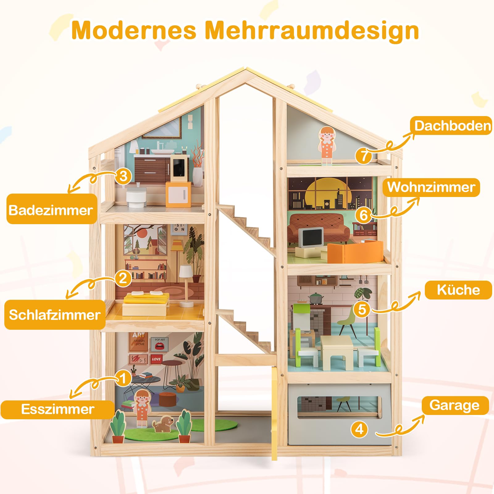 DREAMADE Puppenhaus aus Holz, Traumhaus mit 2 Figuren & 18 Möbelzubehörteilen, Dollhouse mit robuster Struktur & 7 Zimmern, Puppenvilla für Jungen & Mädchen ab 3 Jahren
