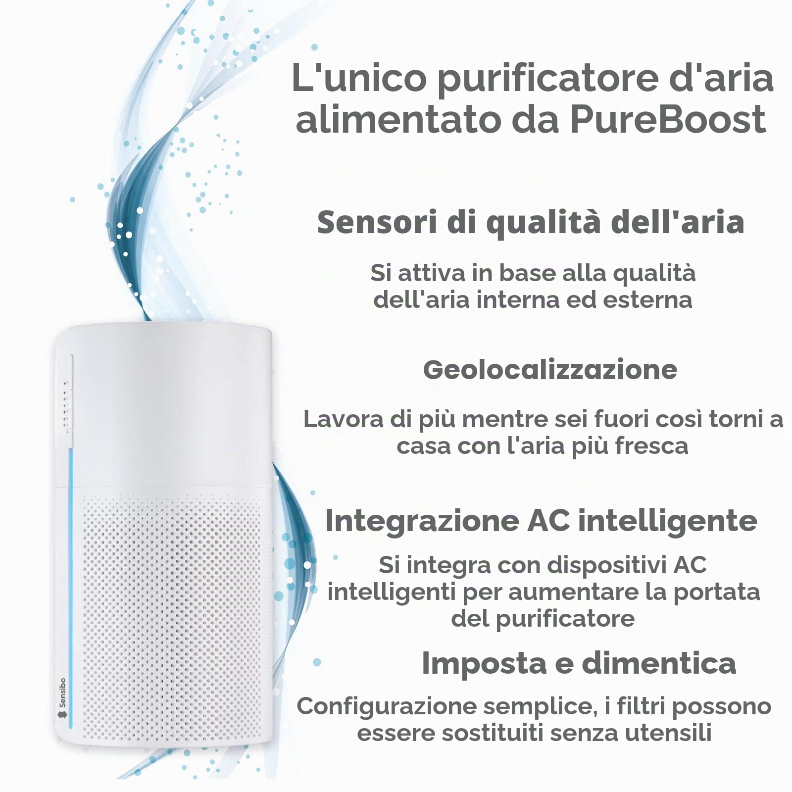 Sensibo Pure - Smart WiFi purificatore d'aria di grado medico vero filtro a carbone HEPA. Rimuove polvere, contaminanti, forfora di animali, odore. Compatibile con iOS, Android, Alexa e Google Nest