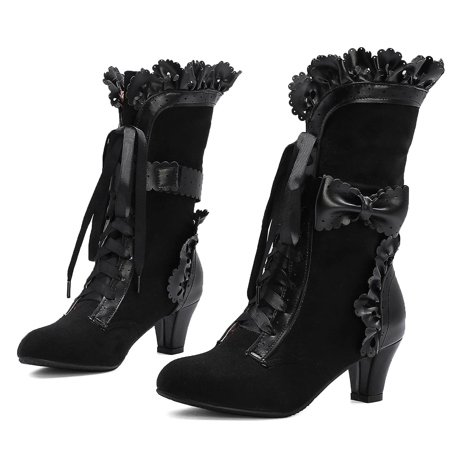 Women Sweet Bow Boots Mid Heels Lace Up Victorian boots Mid Calf Kawaii Boot