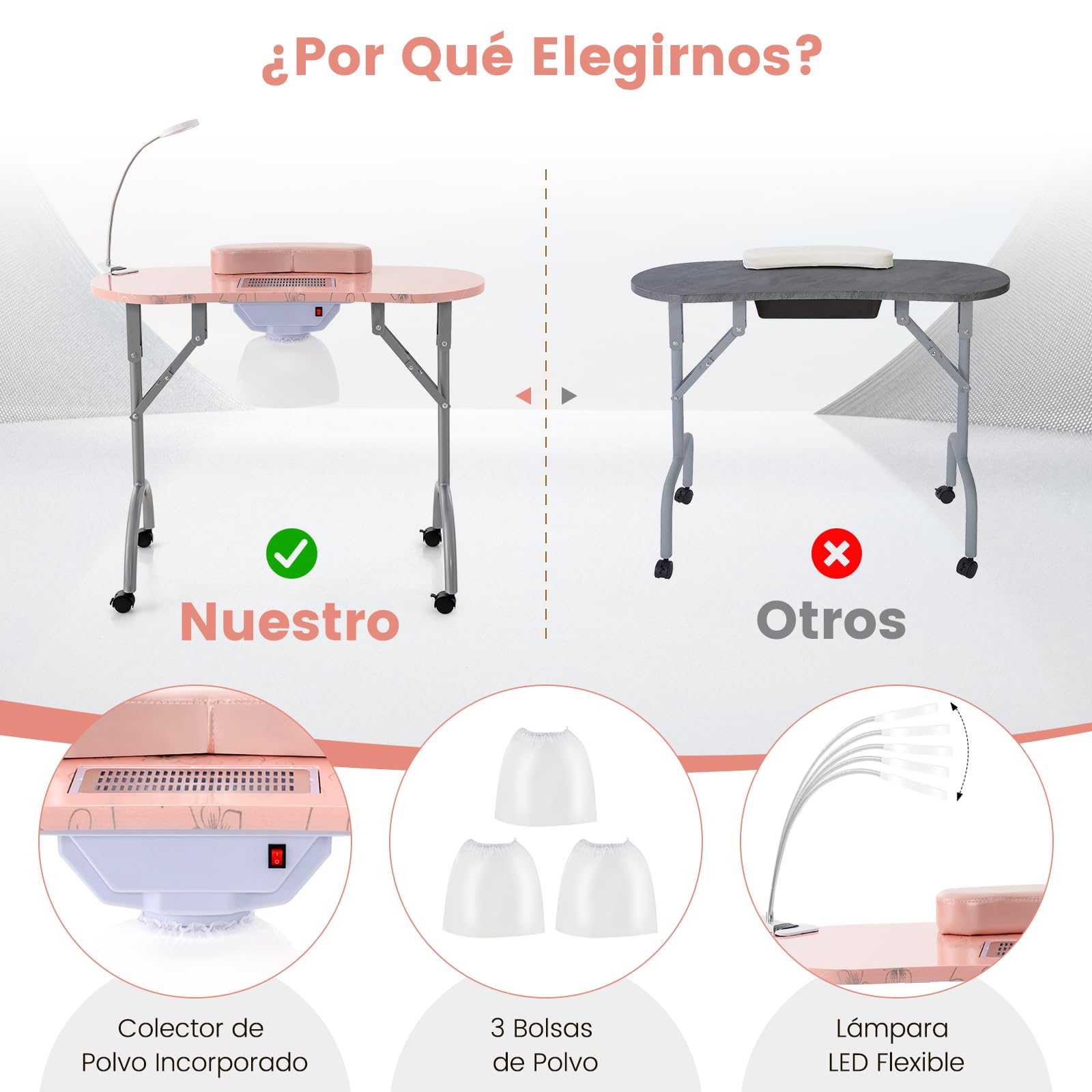 COSTWAY Mesa de Manicura Plegable con Colector de Polvo Eléctrico, Mesa Portátil para Uñas con Lámpara LED Ajustable, 3 Bolsas de Polvo, Bolsa de Transporte y 4 Ruedas Bloqueables para Spa (Rosa)