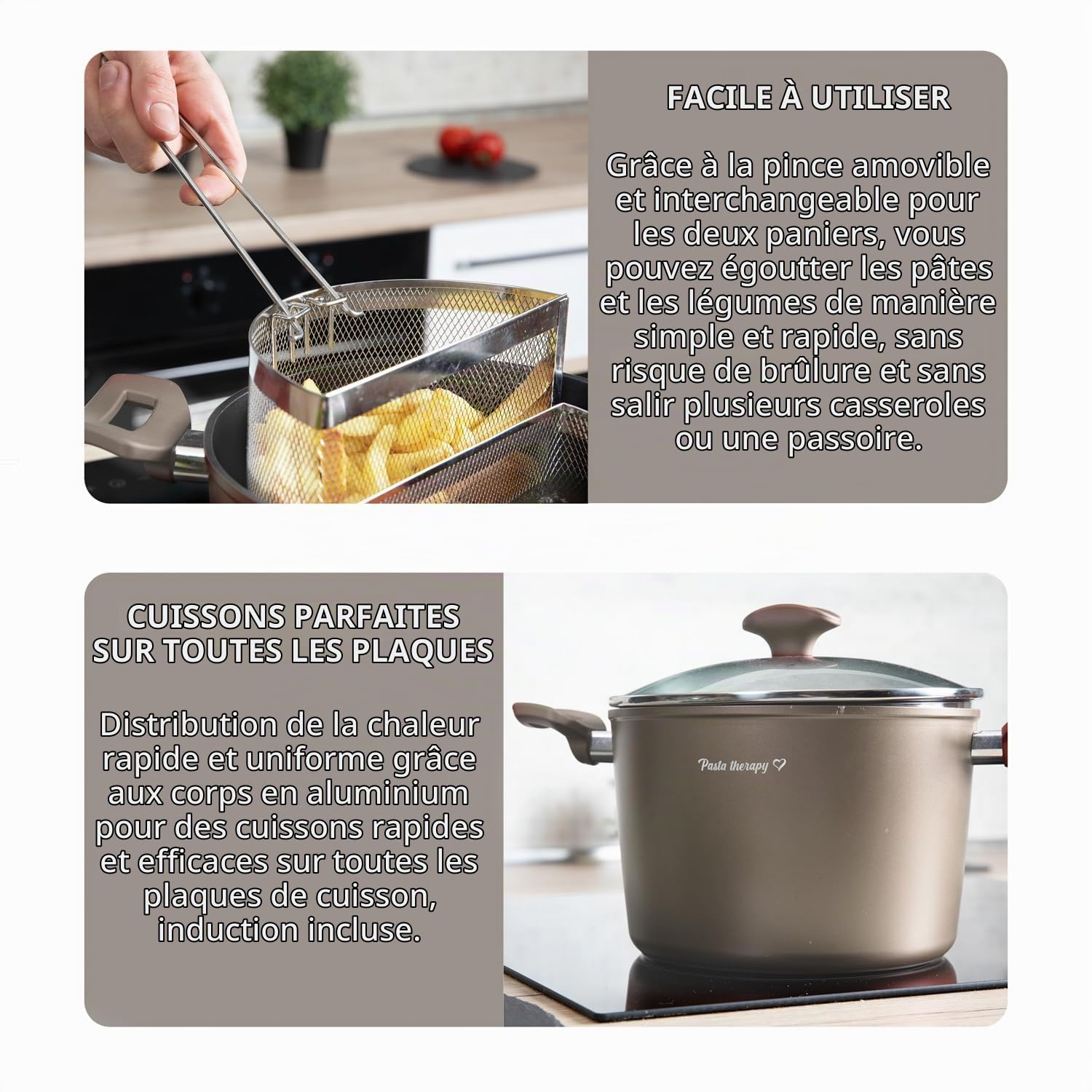 KASANOVA Marmite à Pâtes 22 cm avec 2 Paniers et Couvercle – Cuiseur pour Pâtes et Légumes, Double Panier pour Cuissons Simultanées, Compatible Induction et Tous Feux (Taupe)