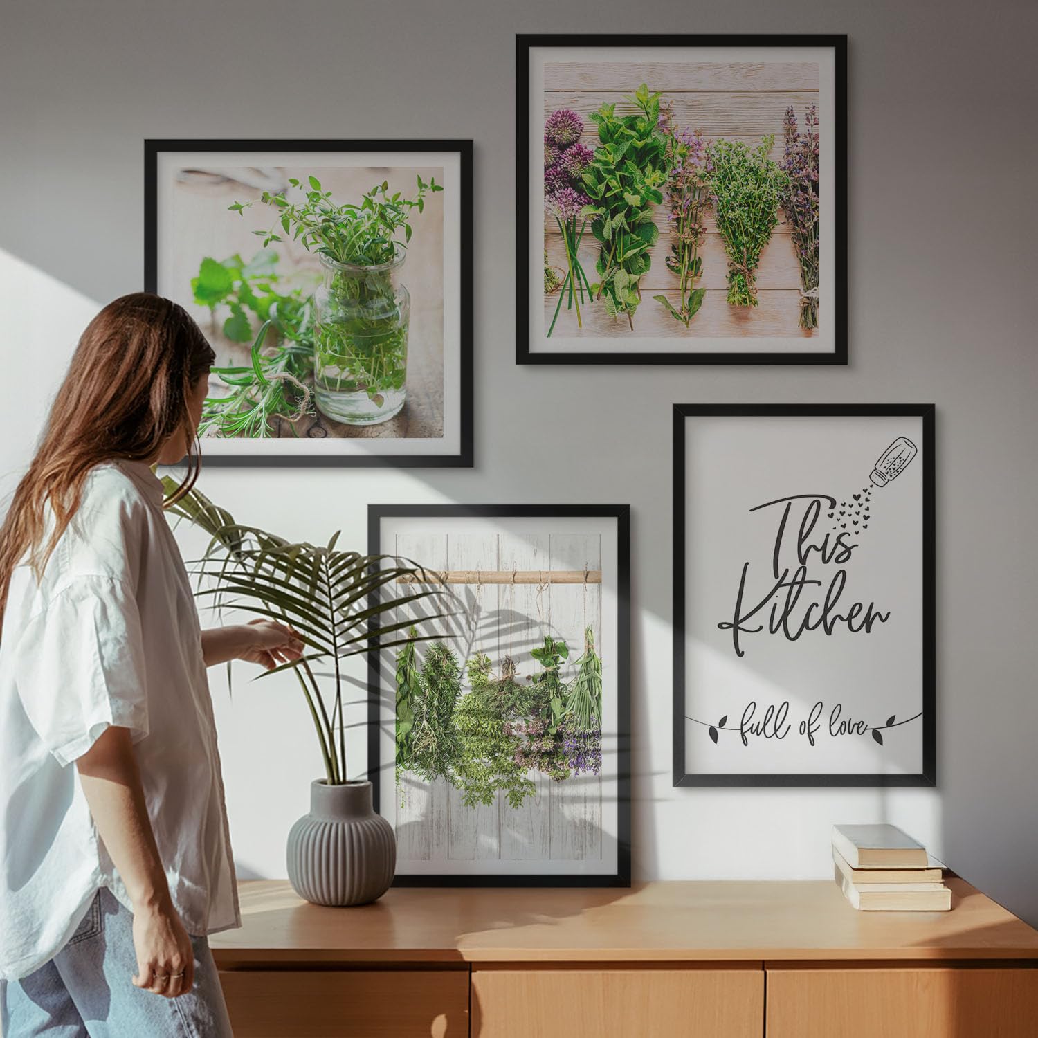 Wallfluent Wandcollage Pack 2x 50x50 + 2x 40x60 cm Schwarzer Rahmen | Leisten Trocknen von Kräutern und Pflanzen für die Küche