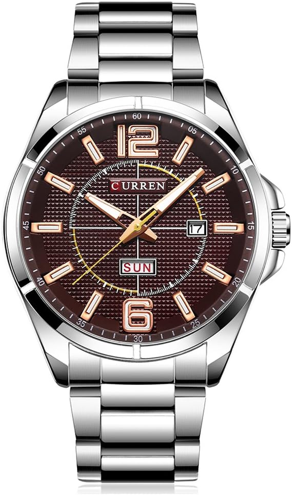 Amazon メンズ アナログ 腕時計 曜日 ステンレス バンド 大文字盤 時計 防水 日付 Curren Watch Men 8271 シルバー コーヒー メンズ腕時計 腕時計 通販