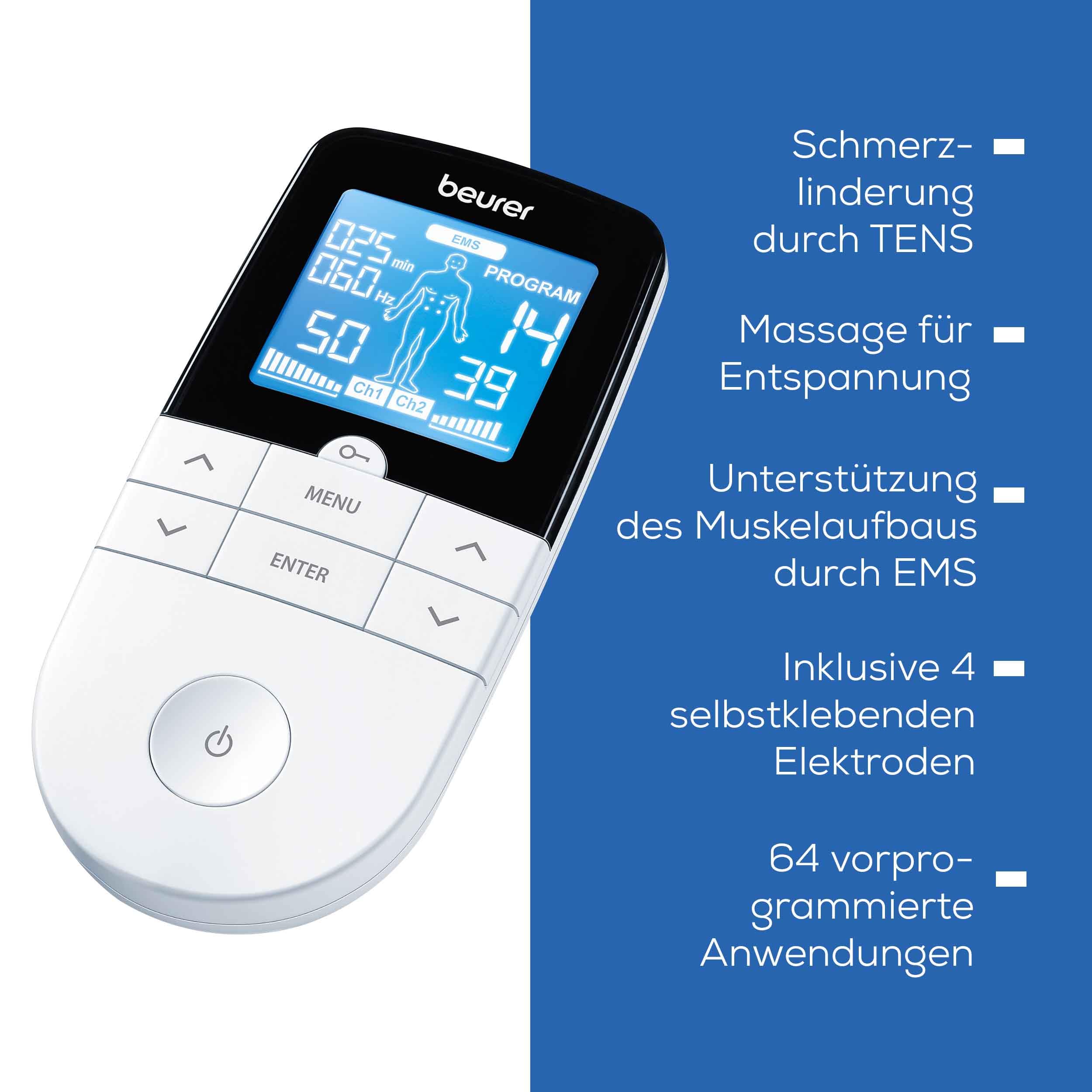 Beurer EM 49 Digital TENS/EMS, 3-in-1 Reizstromgerät zur Schmerzlinderung durch elektrische Nervenstimulation, Training durch elektrische Muskelstimulation, Massagefunktion, inklusive 4 Elektroden