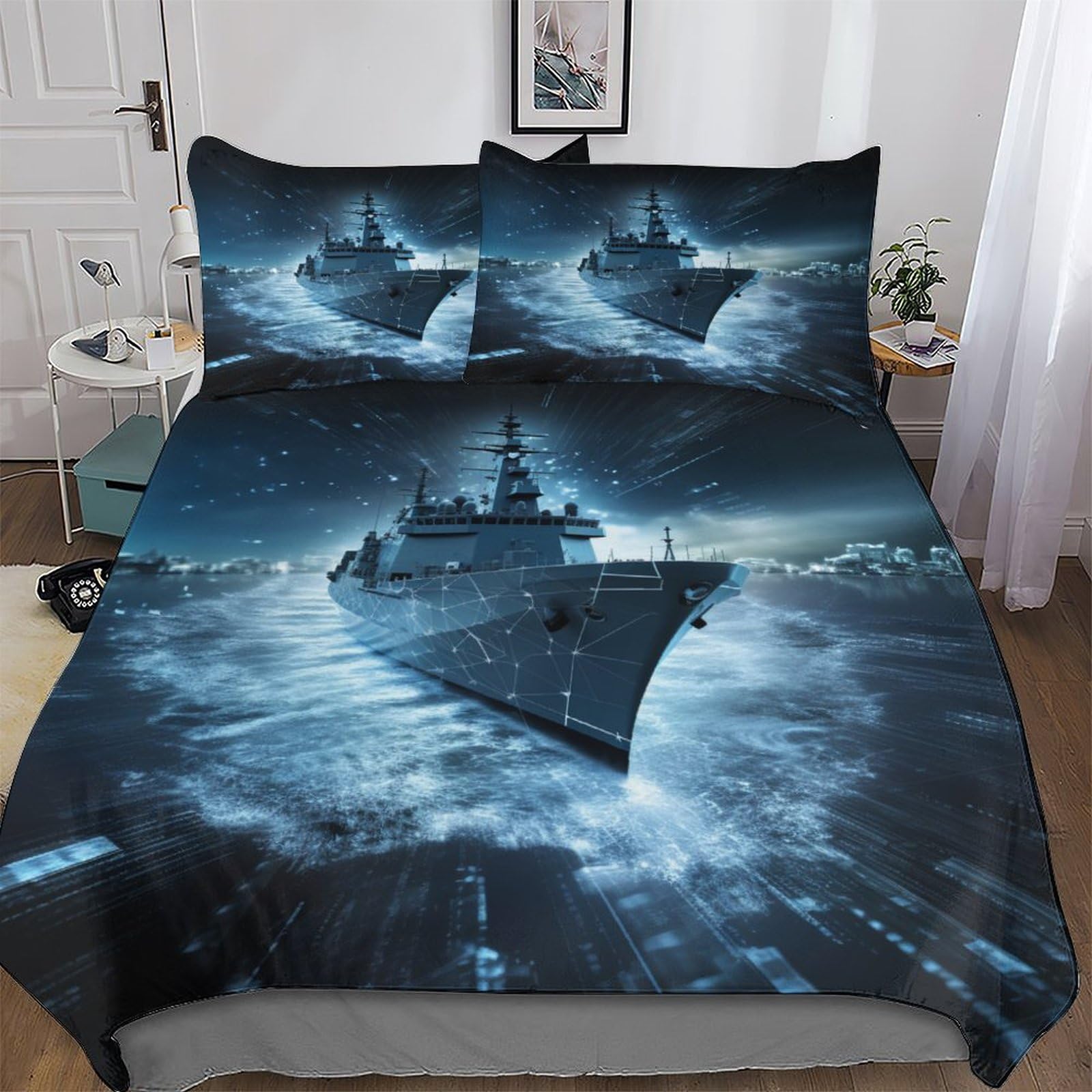 Housse de couette navire de guerre 3D 200x200 cm avec 2 taies d'oreiller pour lit double