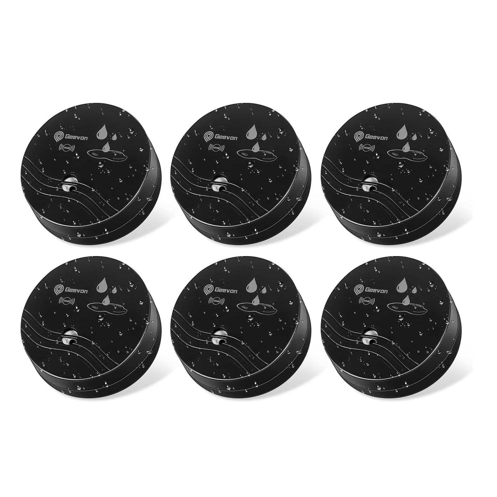 Geevon Détecteur de fuite d'eau, détecteur d'inondation 100 dB | Lot de 6, noir, avec piles, convient pour caves, salles de bains, buanderies, cuisines, garages et greniers