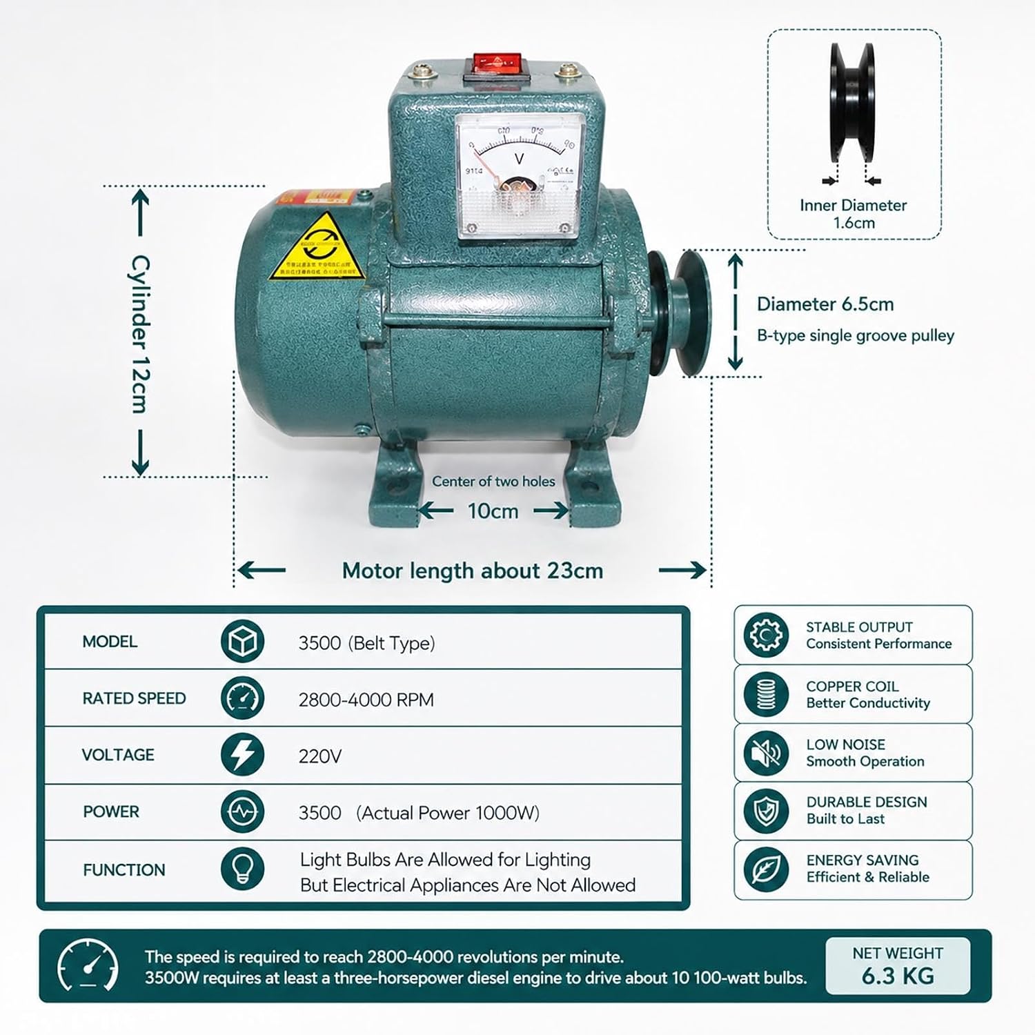 3500W Permanent Magnet Generator 220V Belt Drive Brushless Alternator