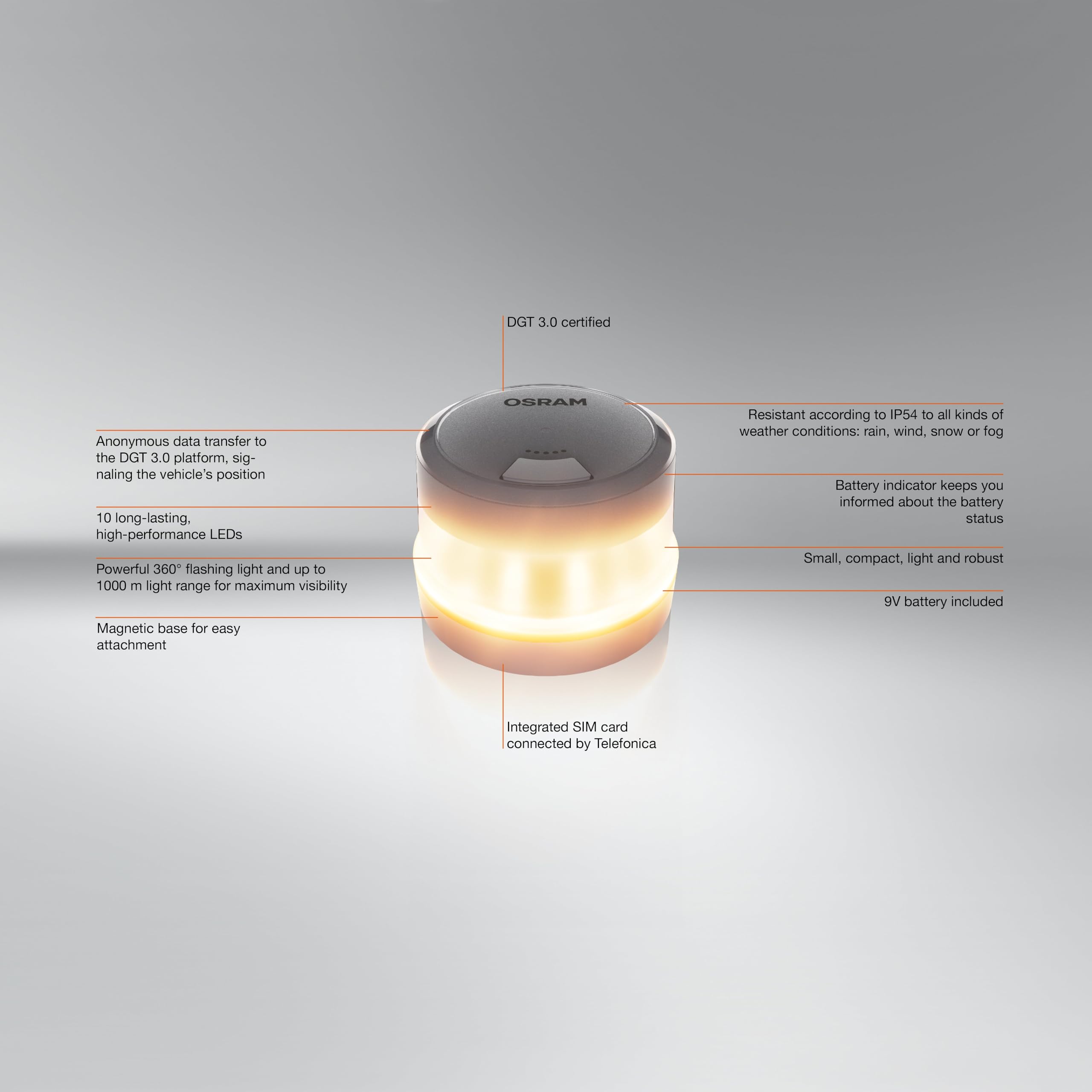 Osram LEDguardian Road Flare Signal V16 IoT, feu d'avertissement LED certifié DGT 3.0, Utilisation obligatoire en Espagne, 1900K, localisation en Temps réel