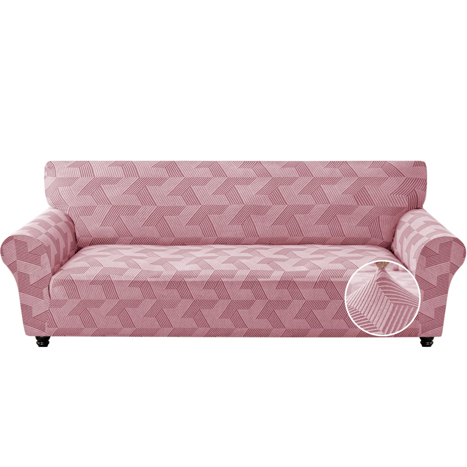 XINEAGE Stretch Sofa Covers 4 Seater, 1 Piece Sofa Slipcovers with Non Slip Design, Soft Geometrical Jacquard Couch Covers Oversized, Washable Furniture Protector for Dog/Pets (XL Sofa,Pink)